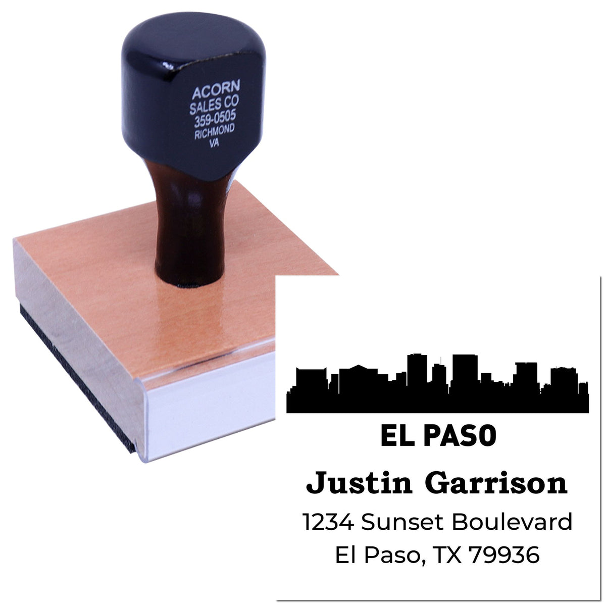 Rubber address stamp with El Paso skyline, Justin Garrison name, and full mailing address for business use.