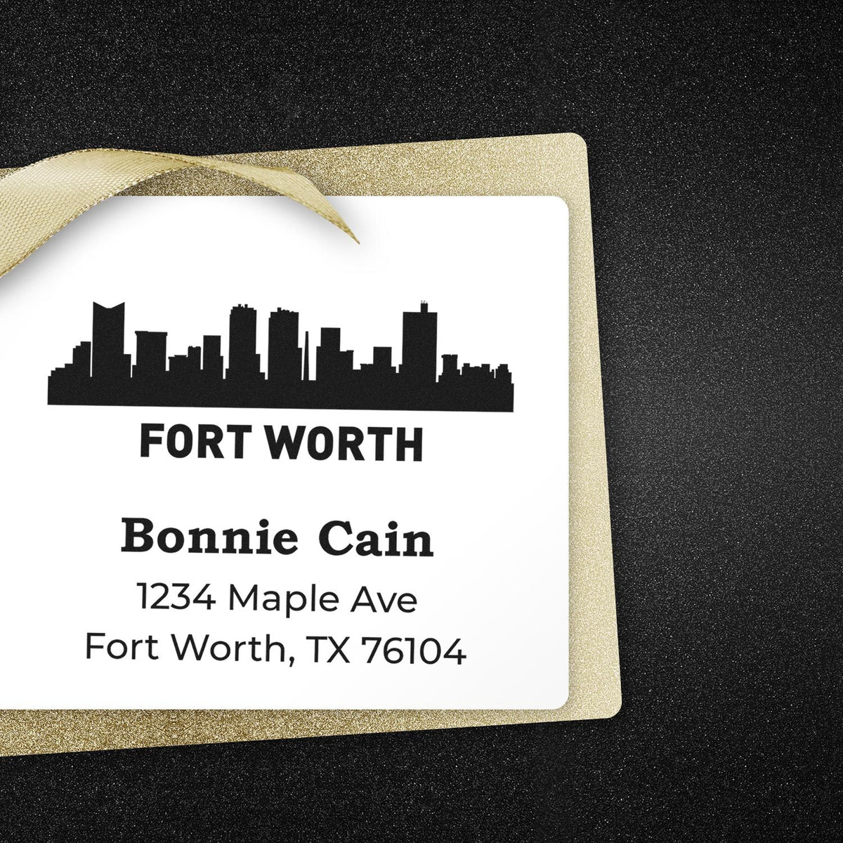 Custom Fort Worth return address rubber stamp with skyline design for personalized wedding invitations, mailings, and gift tags.