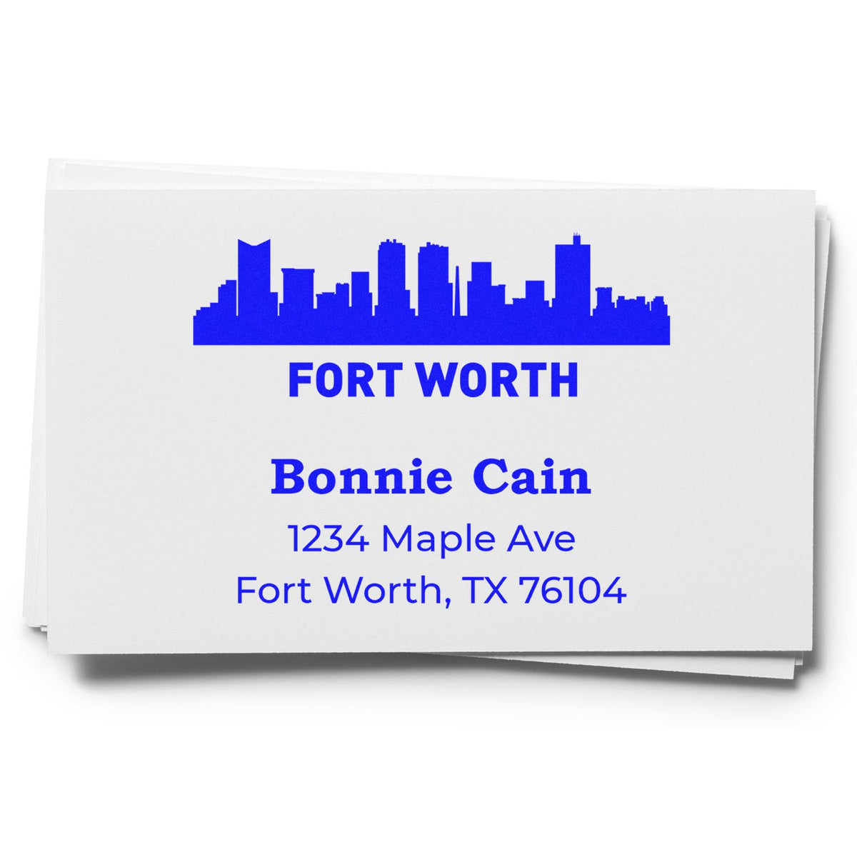 Custom Fort Worth address rubber stamp with skyline, Bonnie Cain, and mailing address for personalized mail and business use.