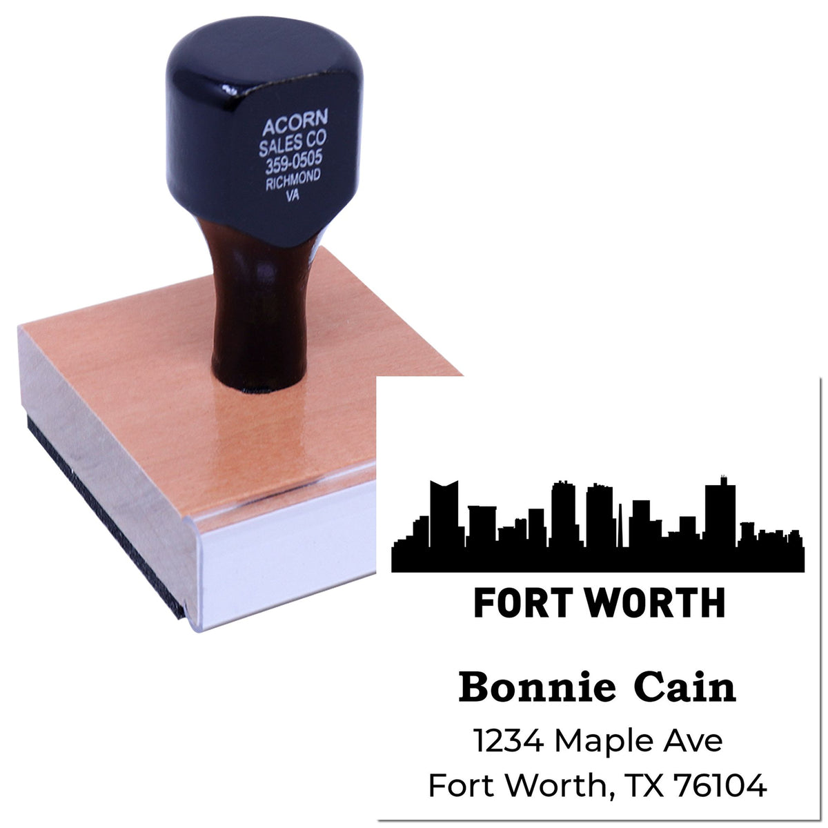 Custom Fort Worth return address rubber stamp with skyline logo for business mailings and labeling.