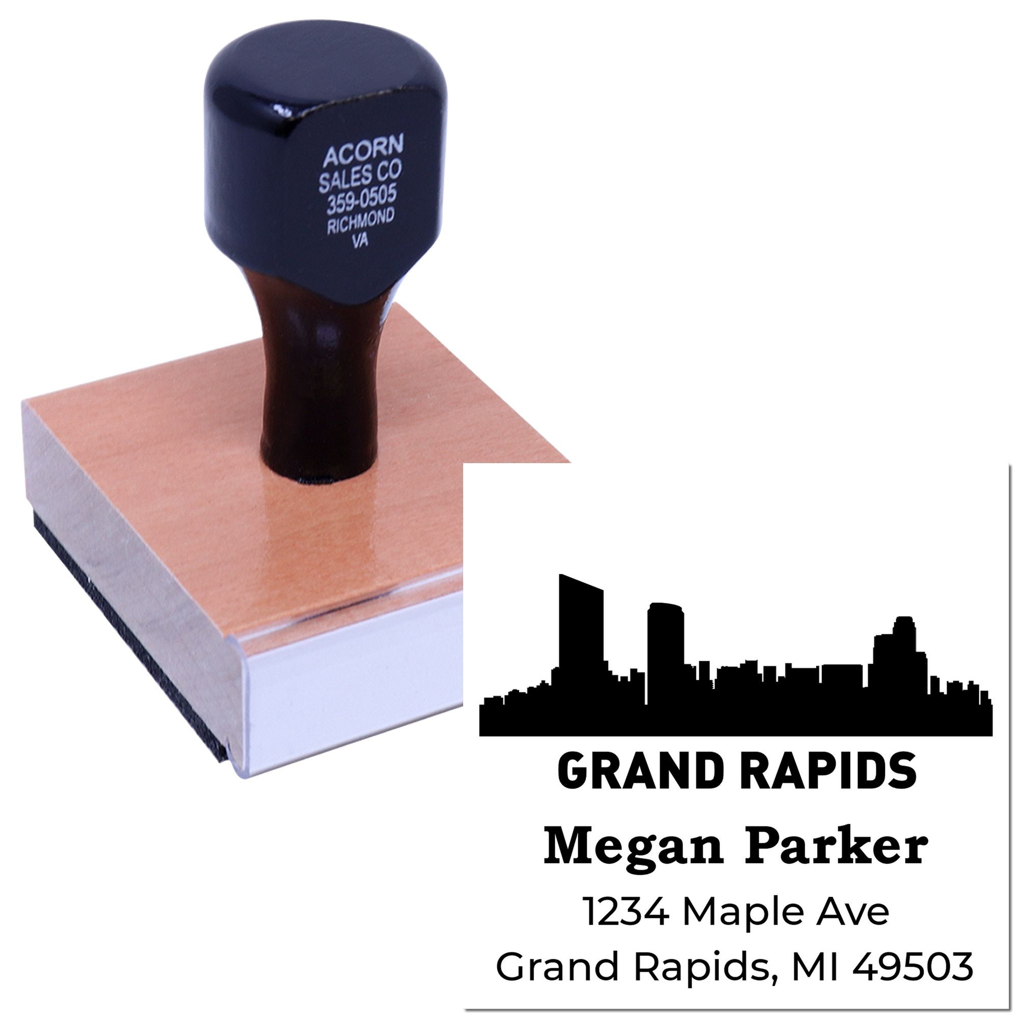Custom rubber address stamp with Grand Rapids skyline, Megan Parker name, and 1234 Maple Ave for business mailings.