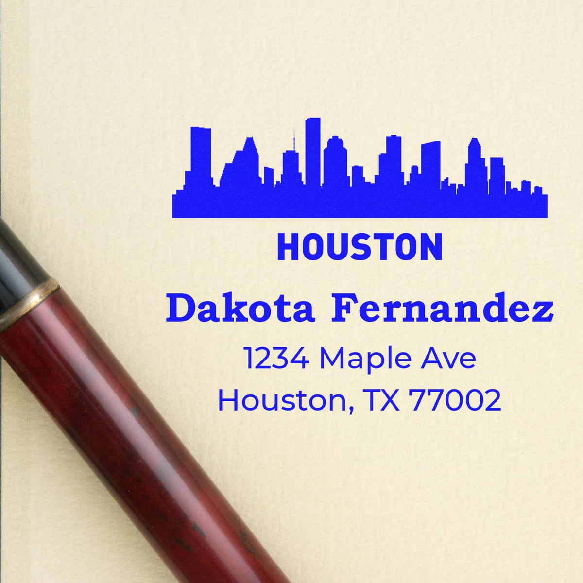 Custom Houston skyline rubber stamp with name and address, Dakota Fernandez, 1234 Maple Ave, Houston, TX 77002
