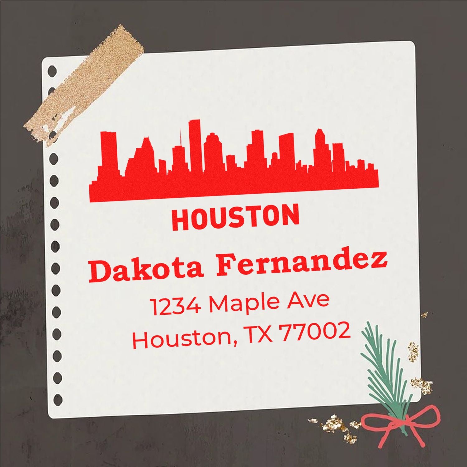 Custom Houston return address rubber stamp with skyline design for Dakota Fernandez, 1234 Maple Ave, Houston, TX 77002