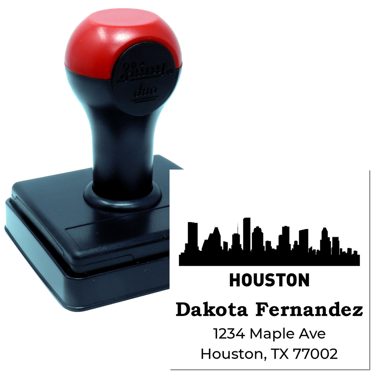 Custom self-inking rubber address stamp with Houston skyline, personalized with Dakota Fernandez and Houston, TX address.
