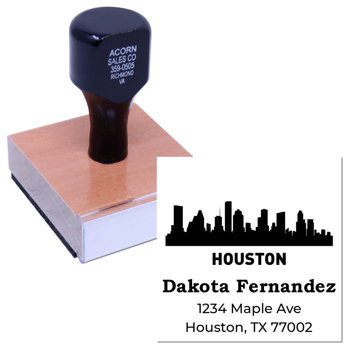 Custom rubber address stamp with Houston skyline, name, and TX address for business mailings.