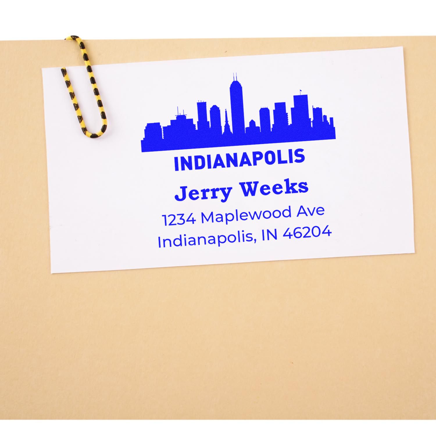 Indianapolis return address rubber stamp with skyline logo for Jerry Weeks, 1234 Maplewood Ave