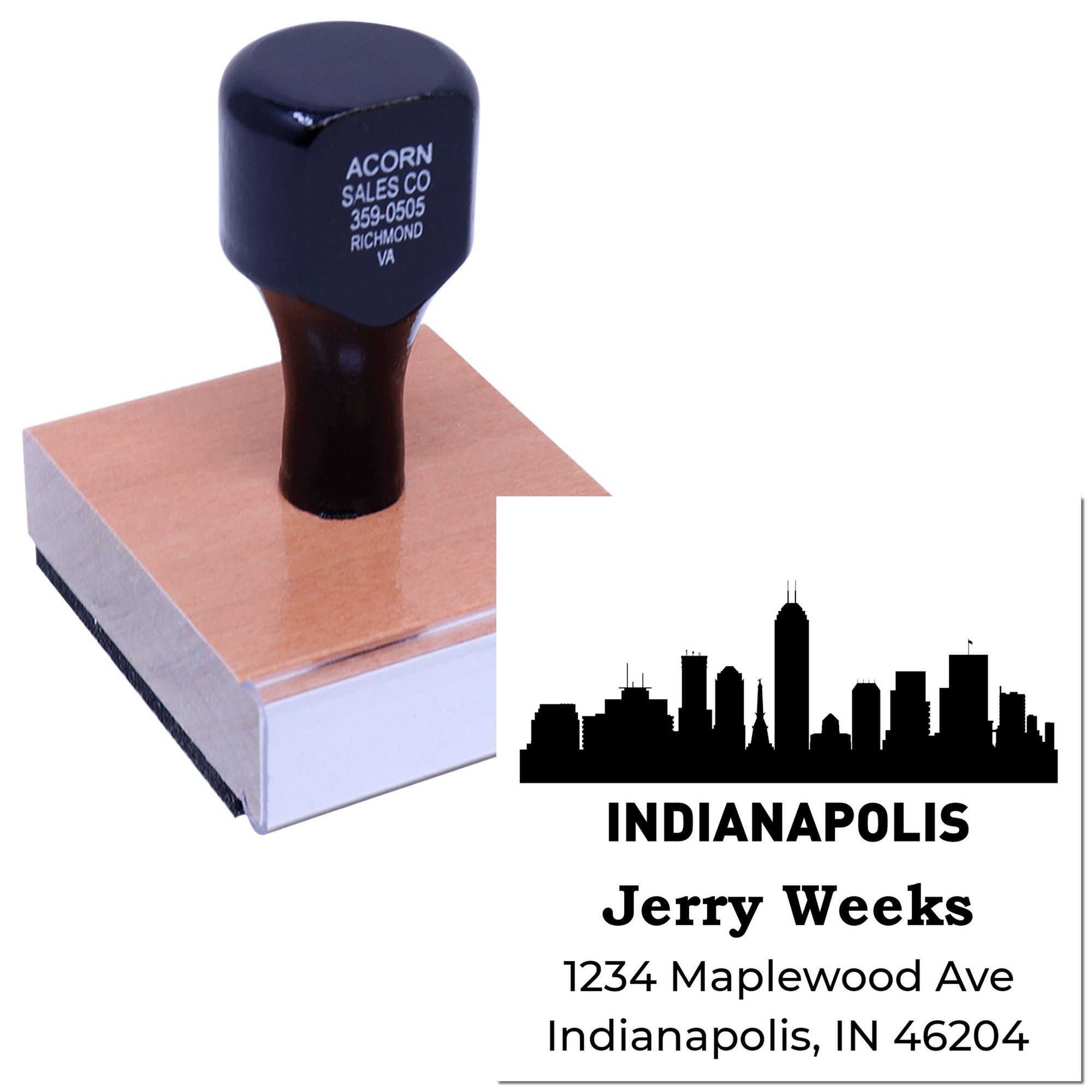 Custom rubber address stamp with Indianapolis skyline and personalized name, street address, city, state, and ZIP code.