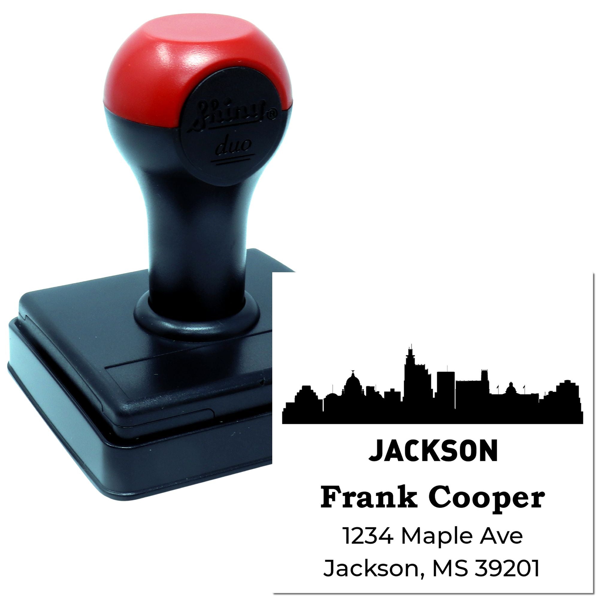 Custom self-inking return address rubber stamp with Jackson skyline and personalized name, street, city, state, and ZIP.