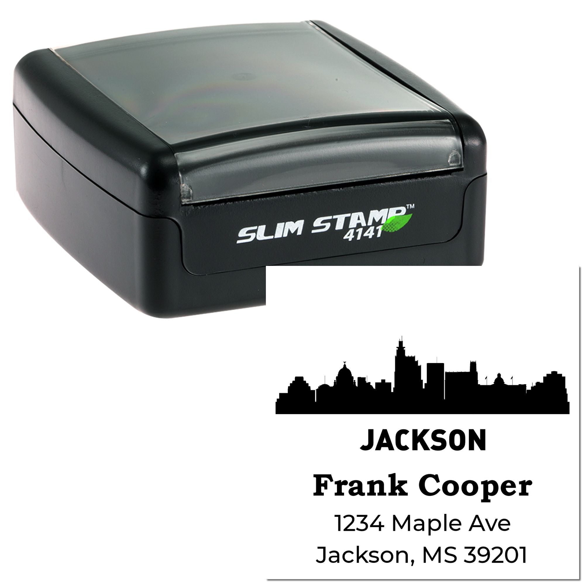 Custom self-inking rubber stamp with Jackson skyline and return address for Frank Cooper, 1234 Maple Ave, Jackson, MS 39201