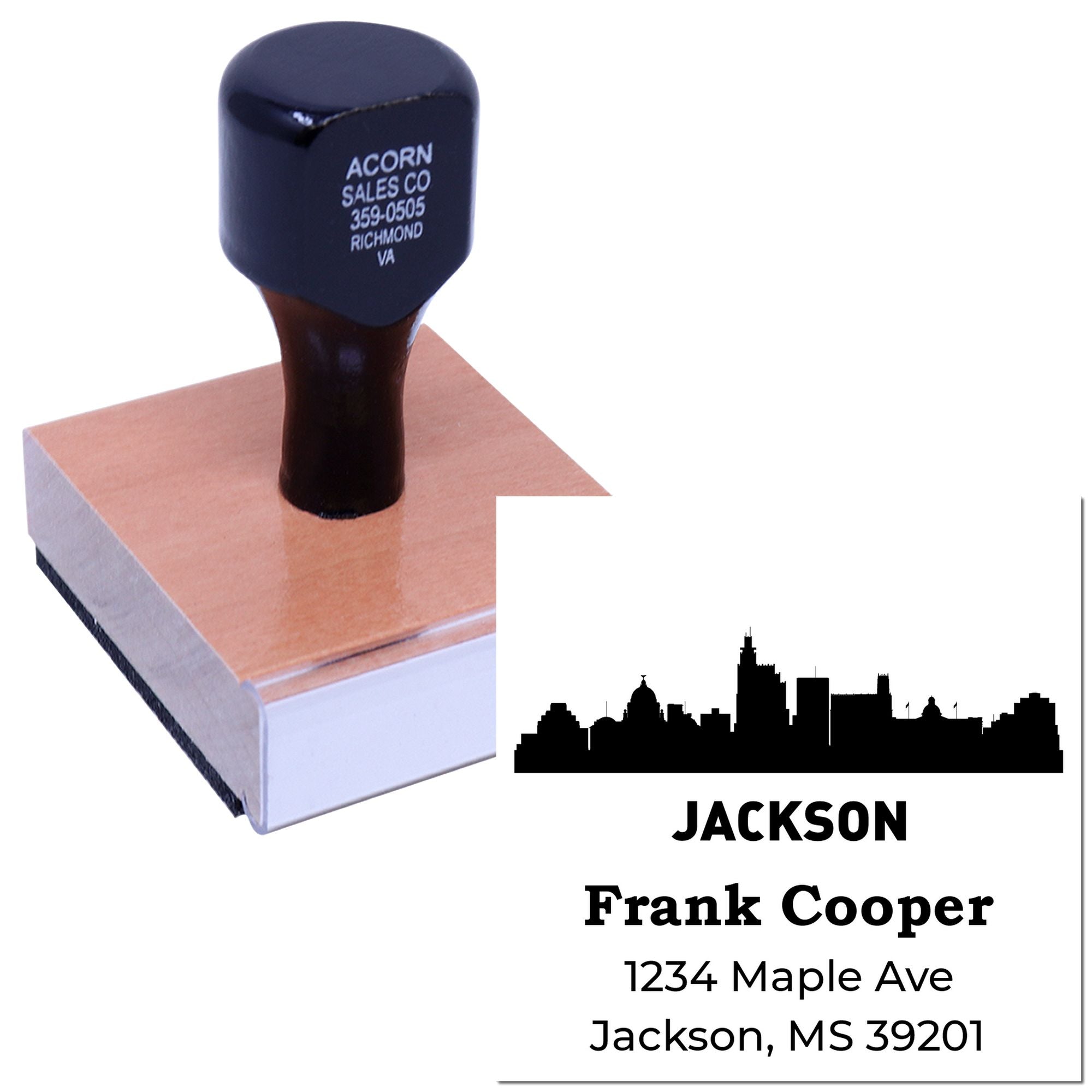 Custom rubber address stamp with Jackson skyline, Frank Cooper, and mailing address for business or personal use