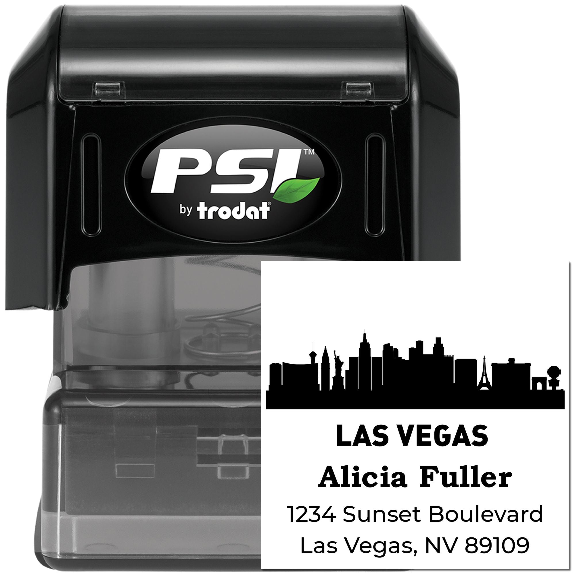 PSI by Trodat self-inking rubber stamp with custom Las Vegas address stamp imprint