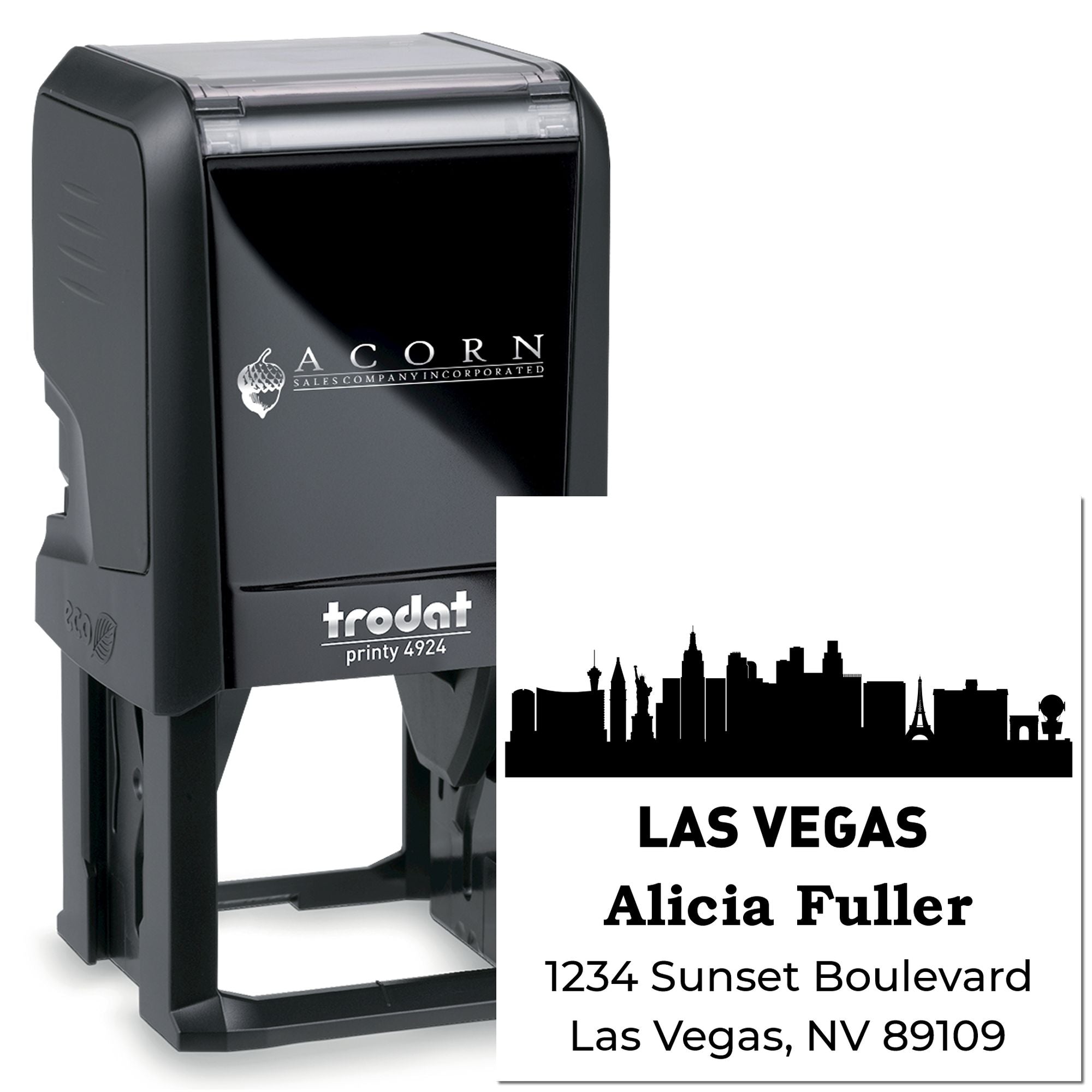 Trodat self-inking rubber stamp with Las Vegas skyline design and personalized return address for Alicia Fuller.