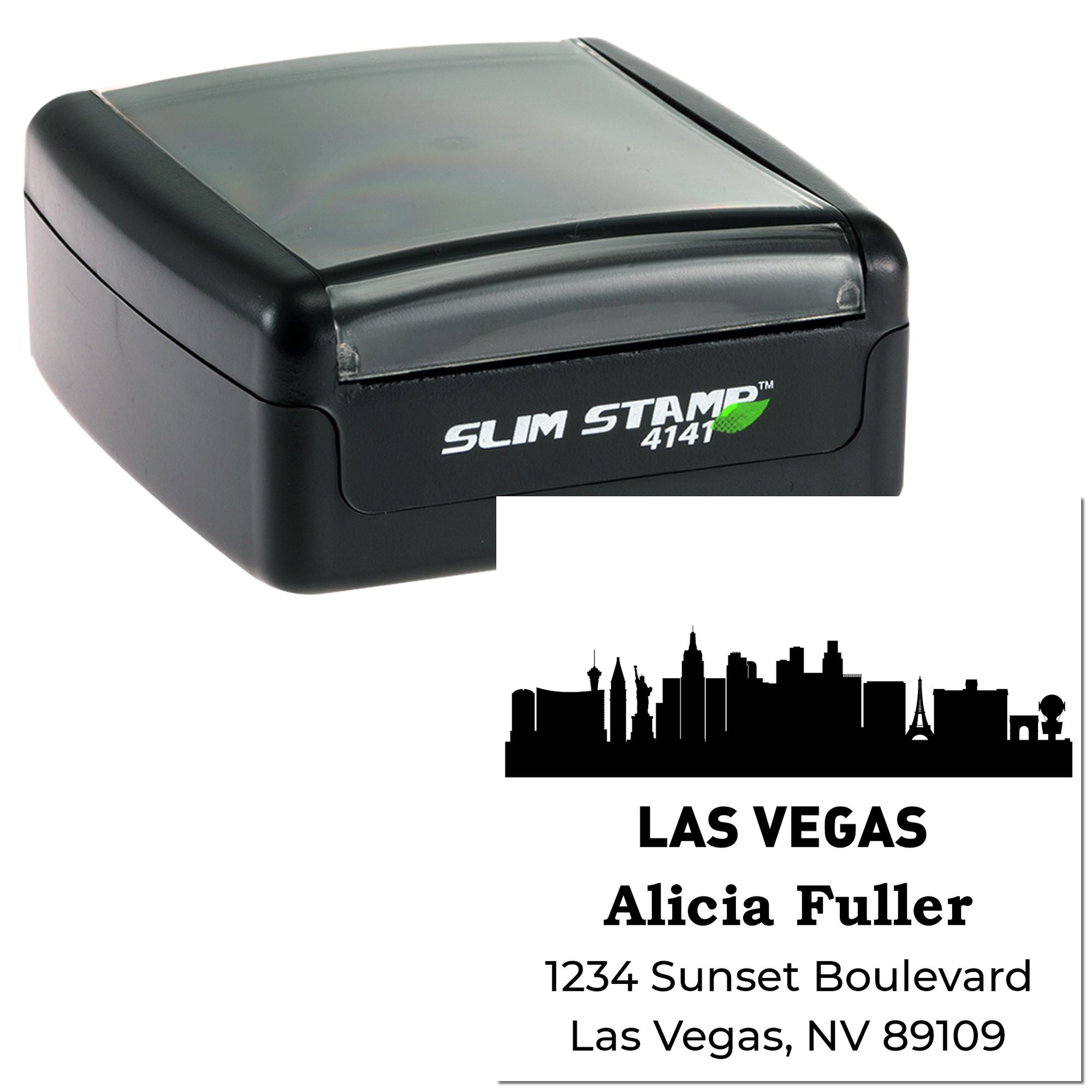 Custom self-inking rubber address stamp with Las Vegas skyline for Alicia Fuller.