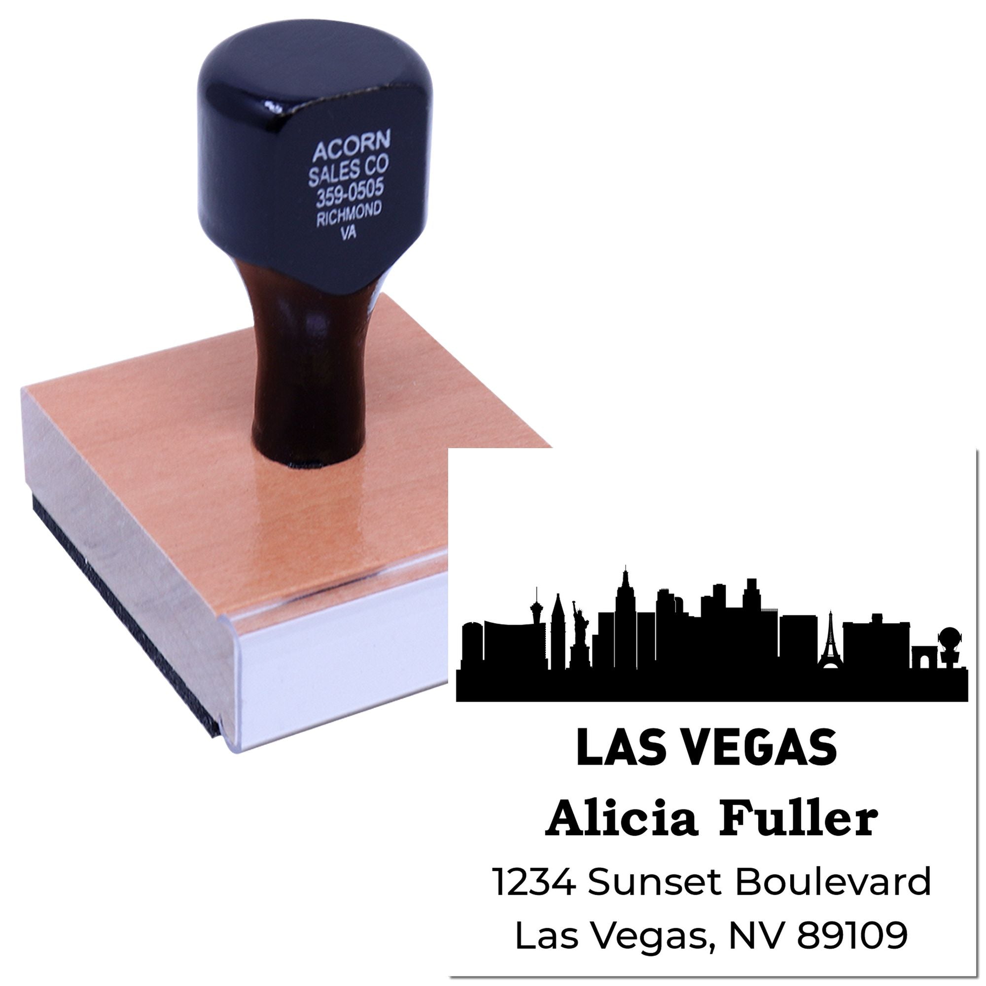 Custom Las Vegas address rubber stamp with skyline design for mailing envelopes and business branding.