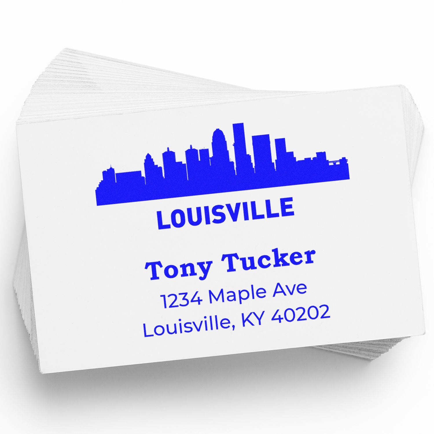 Custom Louisville skyline return address rubber stamp with name and mailing address for personalized envelopes.