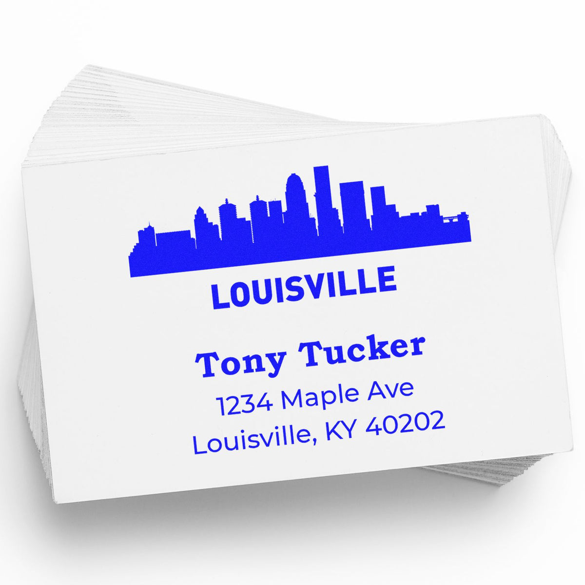 Custom Louisville skyline return address rubber stamp for Tony Tucker, 1234 Maple Ave, Louisville, KY 40202.