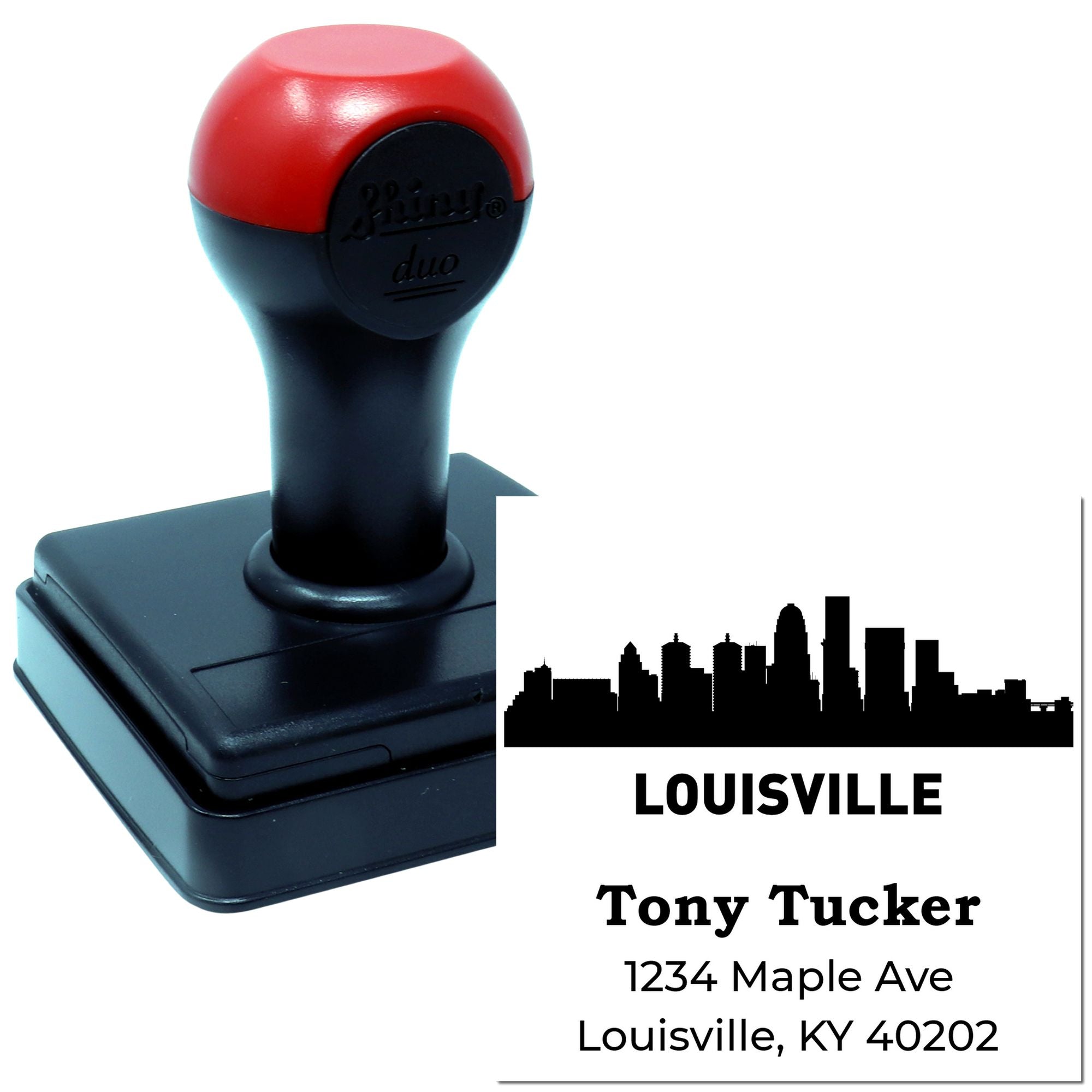 Custom Louisville skyline rubber address stamp with Tony Tucker, 1234 Maple Ave, Louisville, KY 40202.