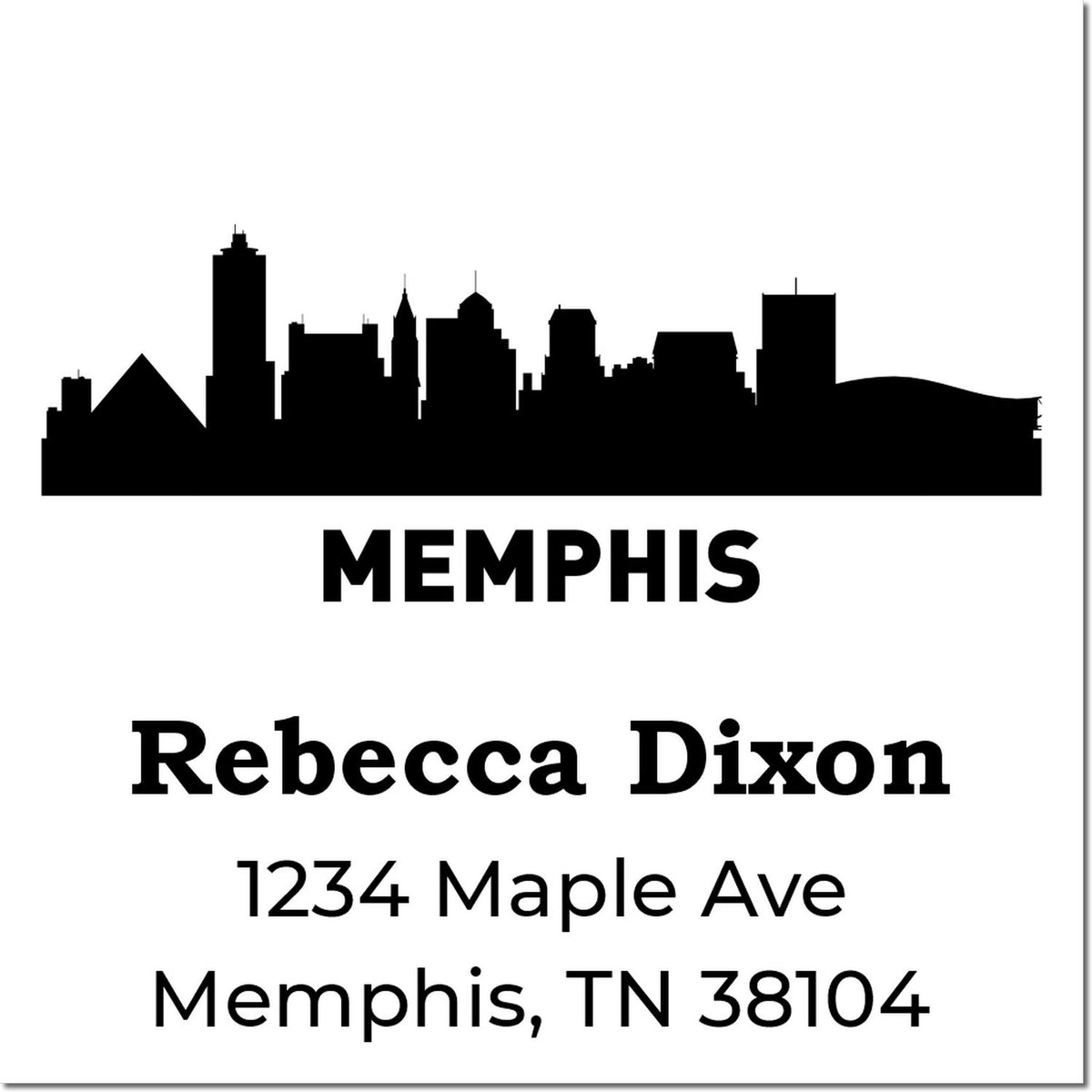 Custom Memphis rubber address stamp with skyline, Rebecca Dixon, 1234 Maple Ave, Memphis, TN 38104.