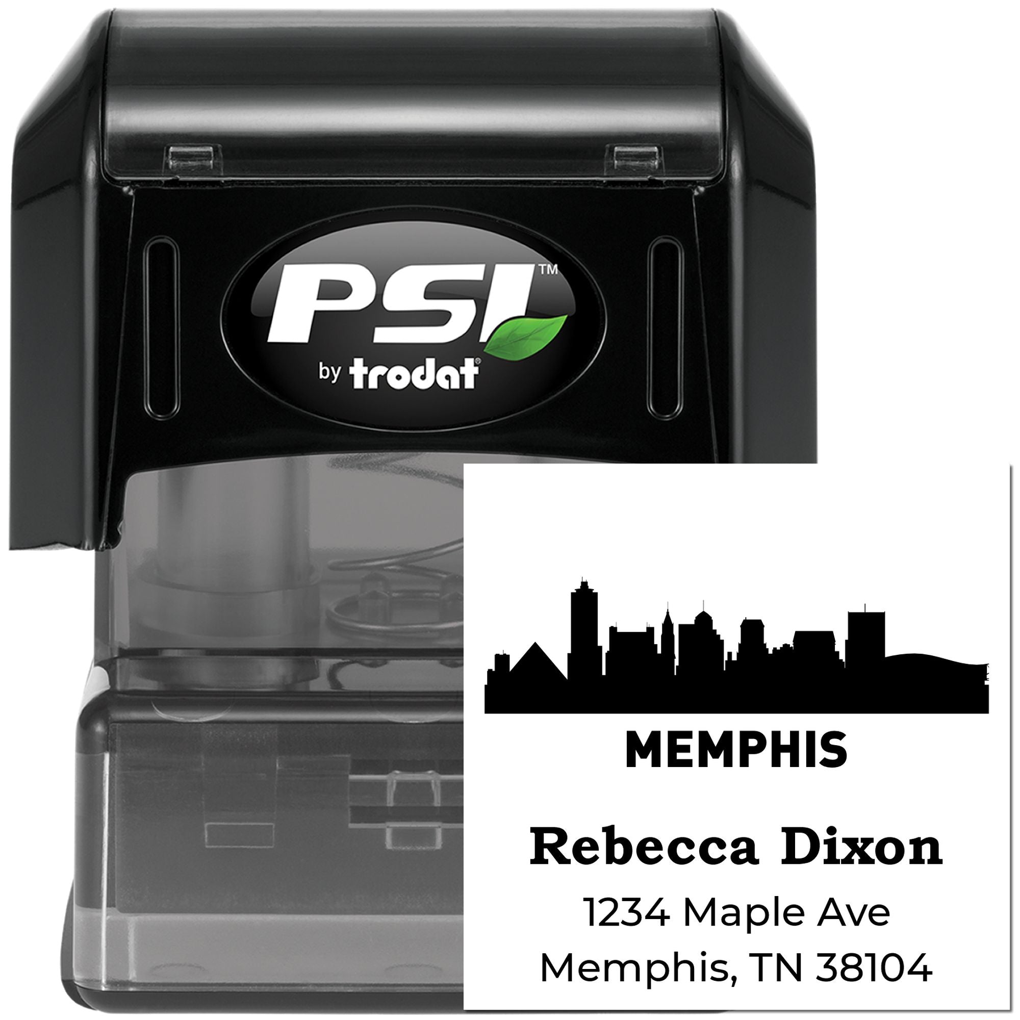 Personalized self-inking rubber address stamp with Memphis skyline, Rebecca Dixon, 1234 Maple Ave, Memphis, TN 38104.