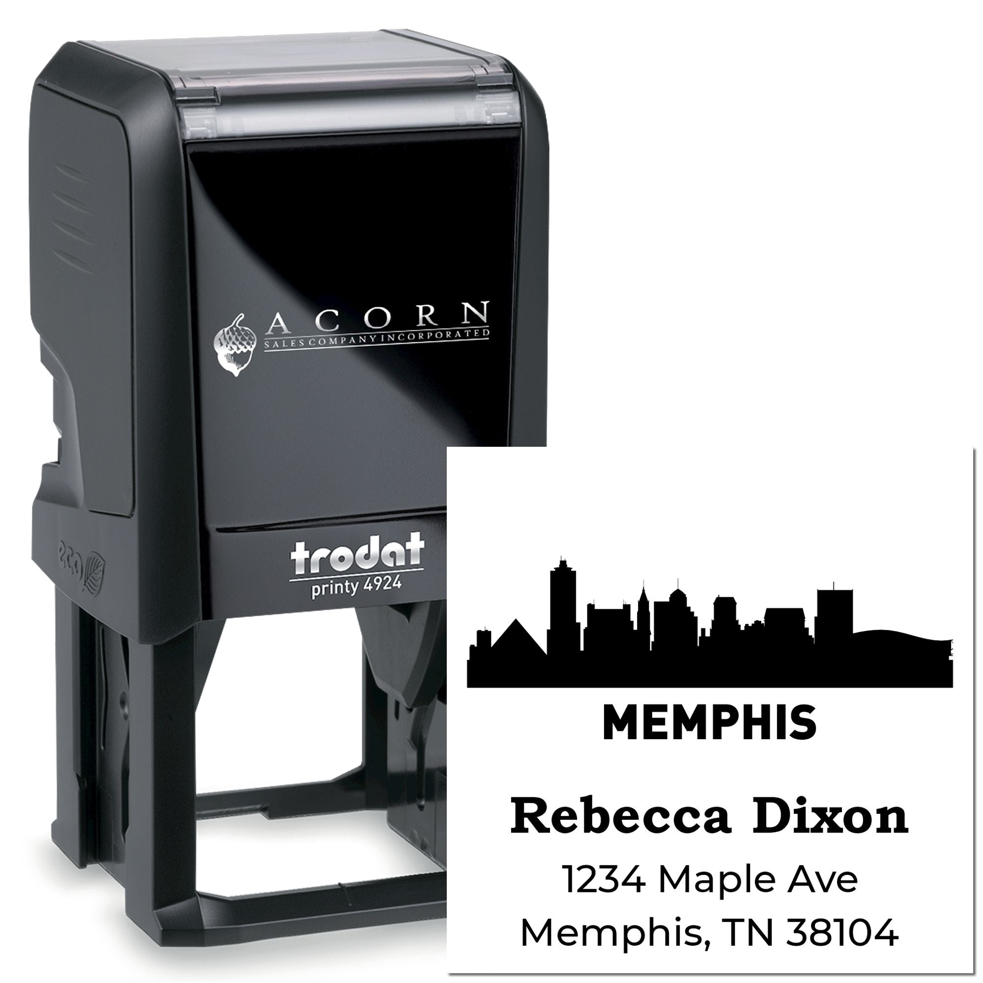 Trodat self-inking address rubber stamp with Memphis skyline, Rebecca Dixon, and 1234 Maple Ave, Memphis, TN 38104.