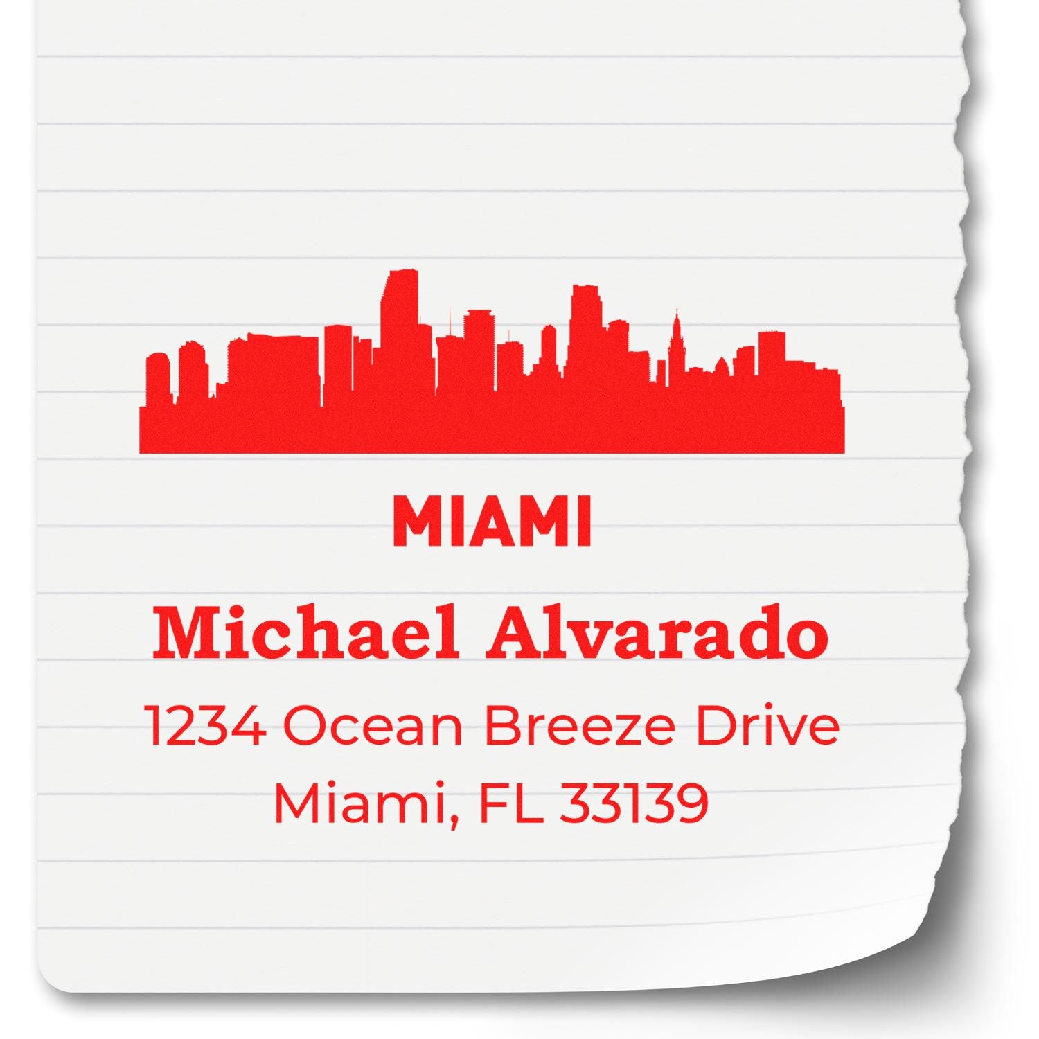 Custom Miami skyline return address rubber stamp with name Michael Alvarado and Miami, FL 33139 address.