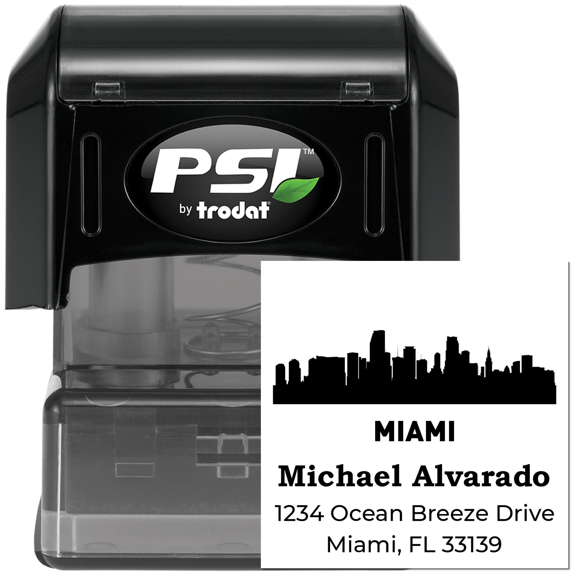 PSI by Trodat custom self-inking Miami address rubber stamp with skyline design for business mailing labels.