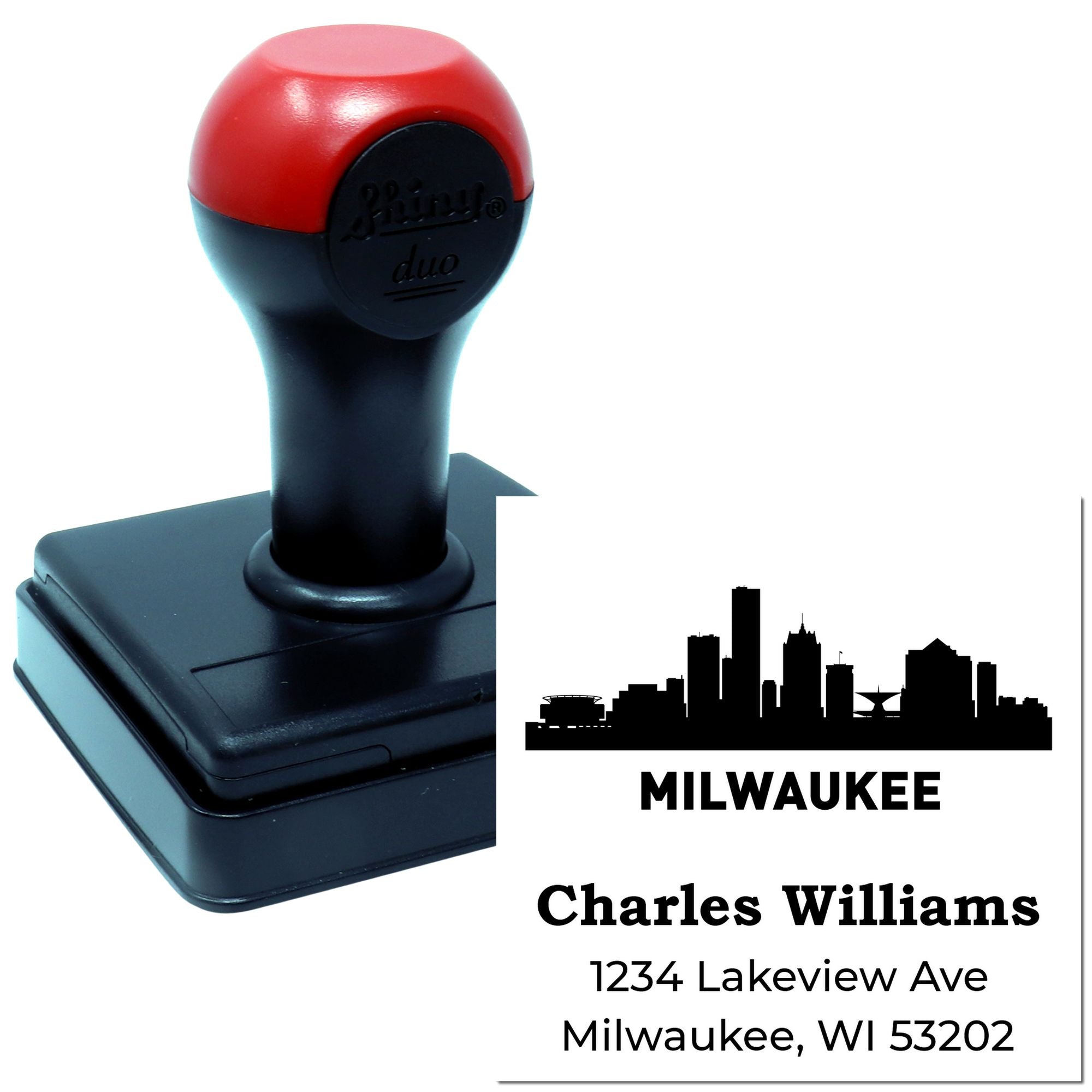Custom self-inking rubber stamp with Milwaukee skyline and return address for Charles Williams, ideal for personalized mailings.