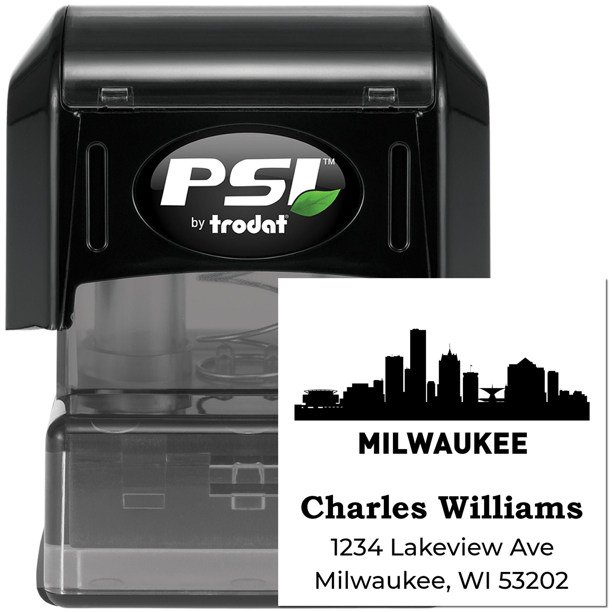 Custom self-inking rubber address stamp with Milwaukee skyline and personalized name and address for mailing.