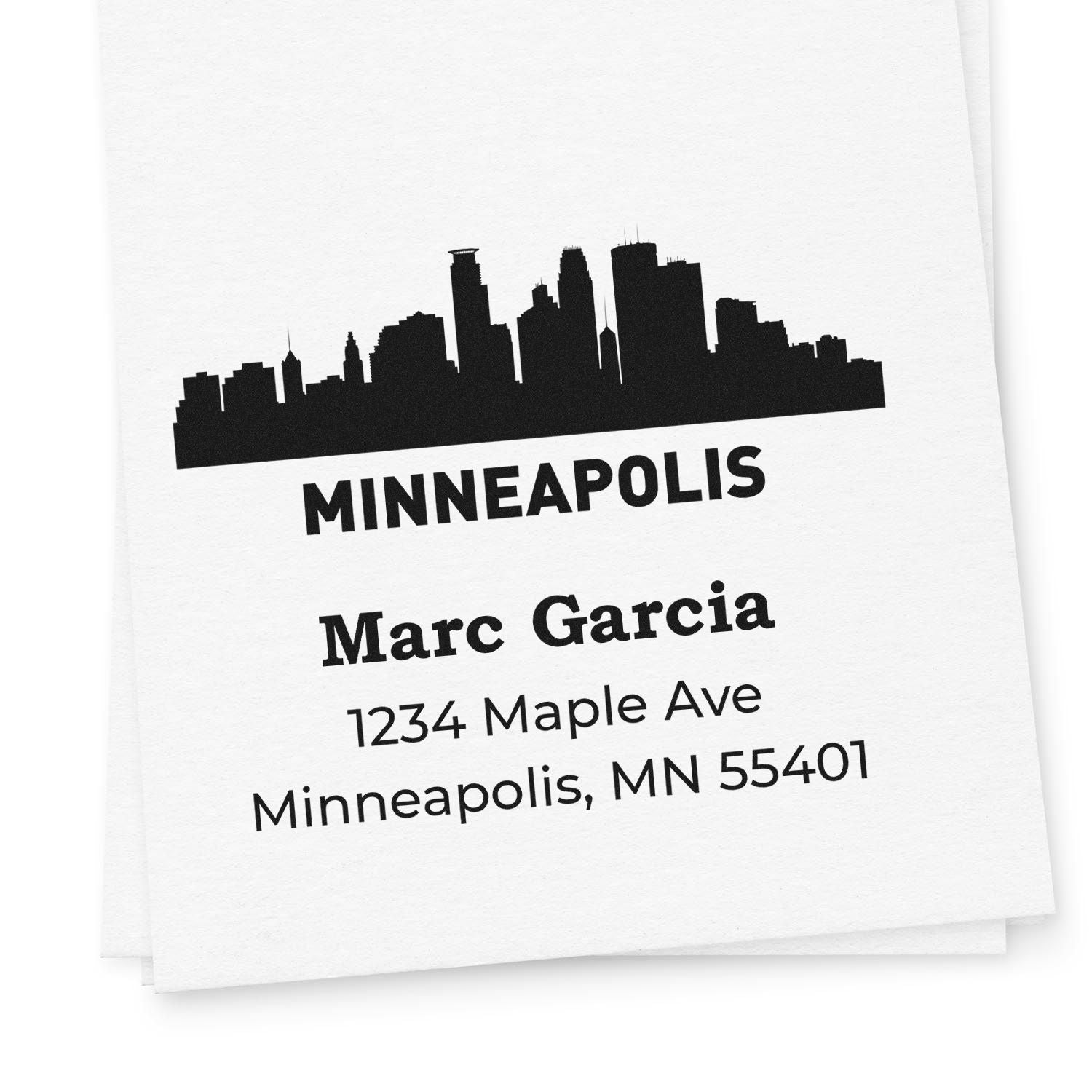 Custom Minneapolis skyline return address rubber stamp with Marc Garcia, 1234 Maple Ave, Minneapolis, MN 55401.