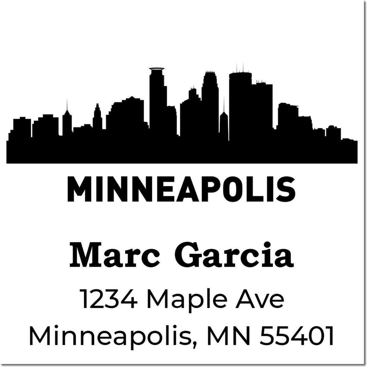 Minneapolis address rubber stamp with skyline silhouette, Marc Garcia, 1234 Maple Ave, Minneapolis, MN 55401