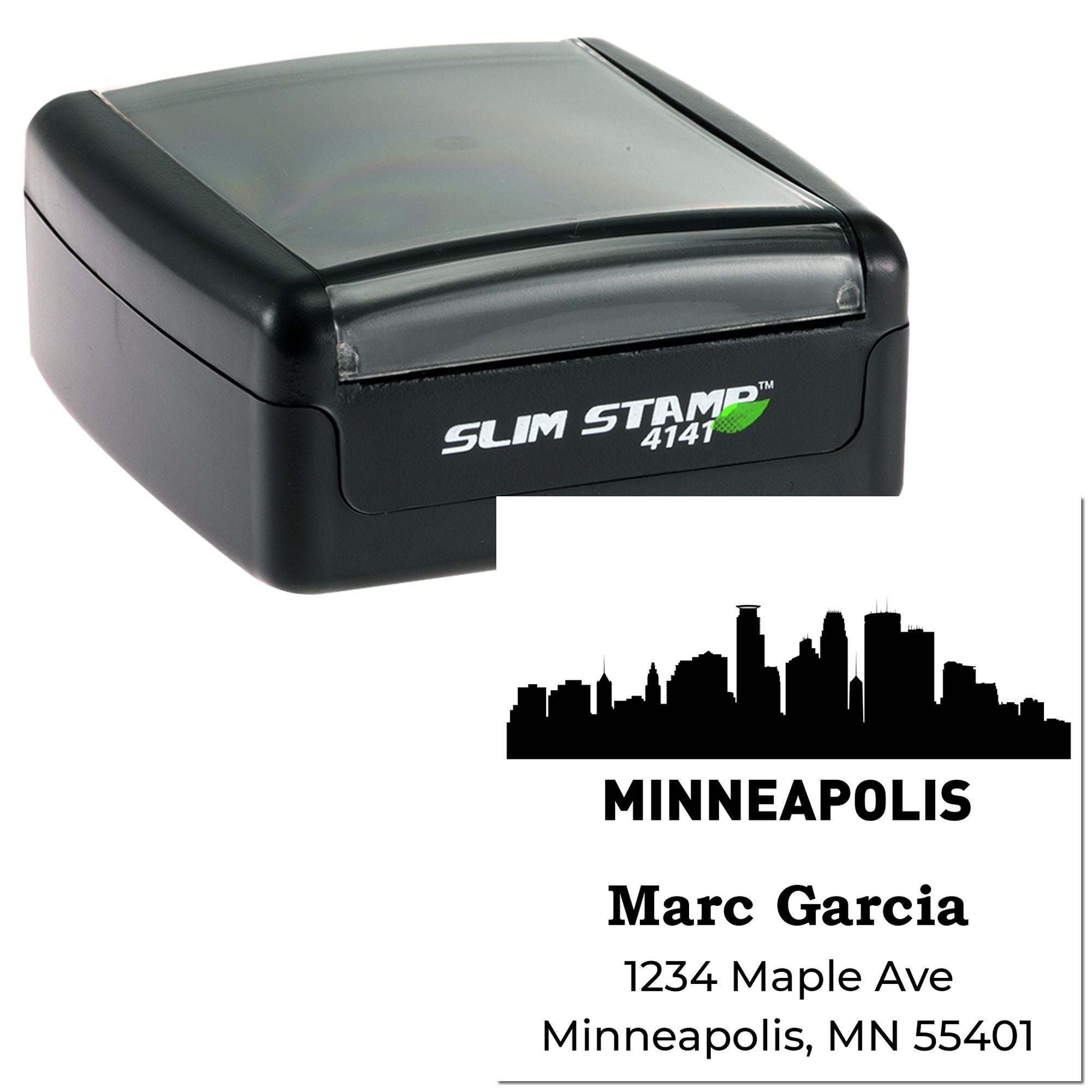 Custom self-inking rubber stamp with Minneapolis skyline return address for Marc Garcia, 1234 Maple Ave, Minneapolis, MN 55401.