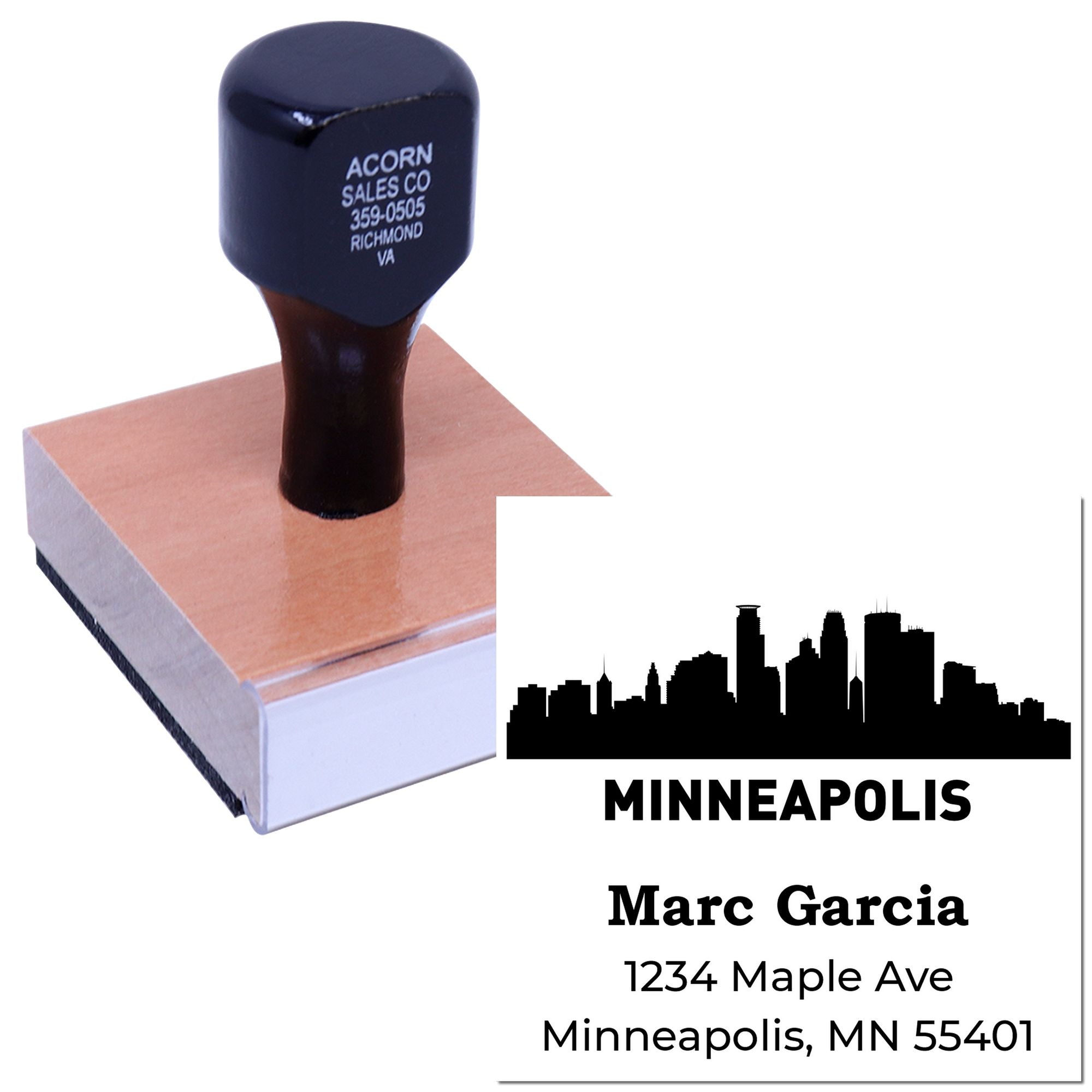 Custom rubber stamp with Minneapolis skyline and personalized return address for business mailings