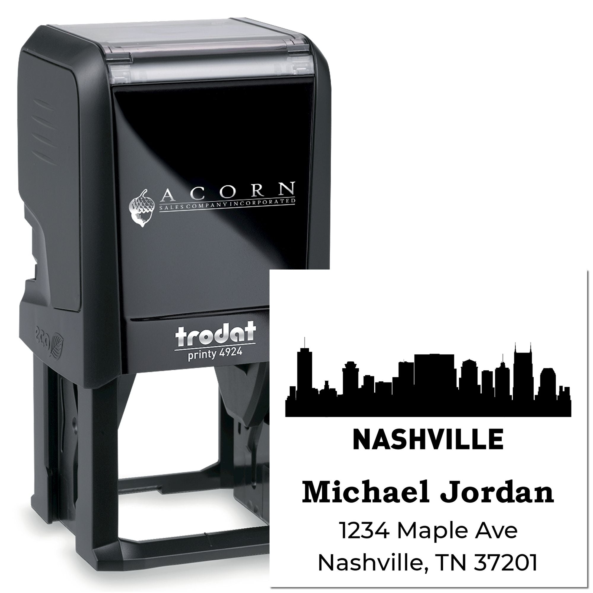 Custom self-inking rubber stamp with Nashville skyline address imprint for Michael Jordan, 1234 Maple Ave, Nashville, TN 37201.