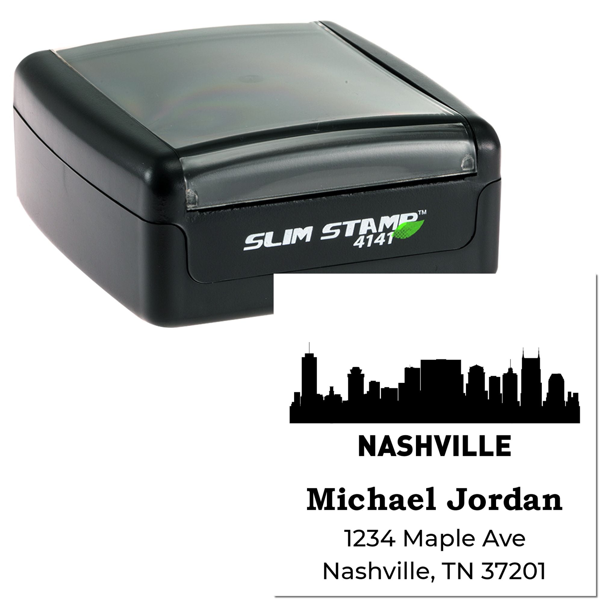 Custom self-inking rubber stamp with Nashville skyline and personalized address imprint for mail.