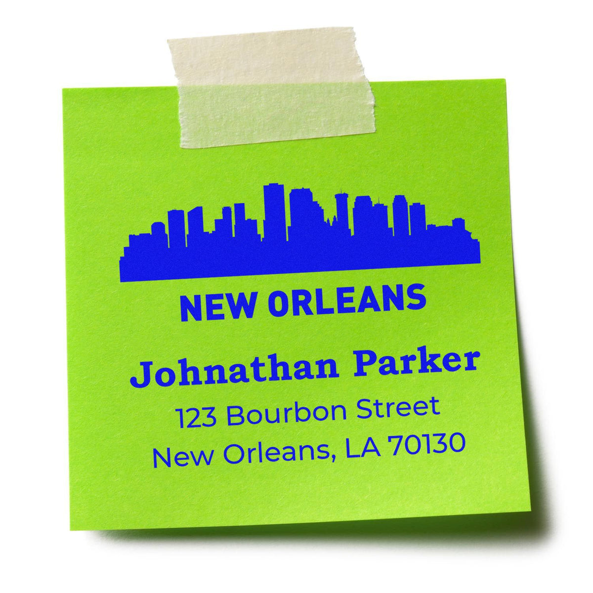 Custom New Orleans return address rubber stamp with skyline graphic, Johnathan Parker, 123 Bourbon Street, LA 70130