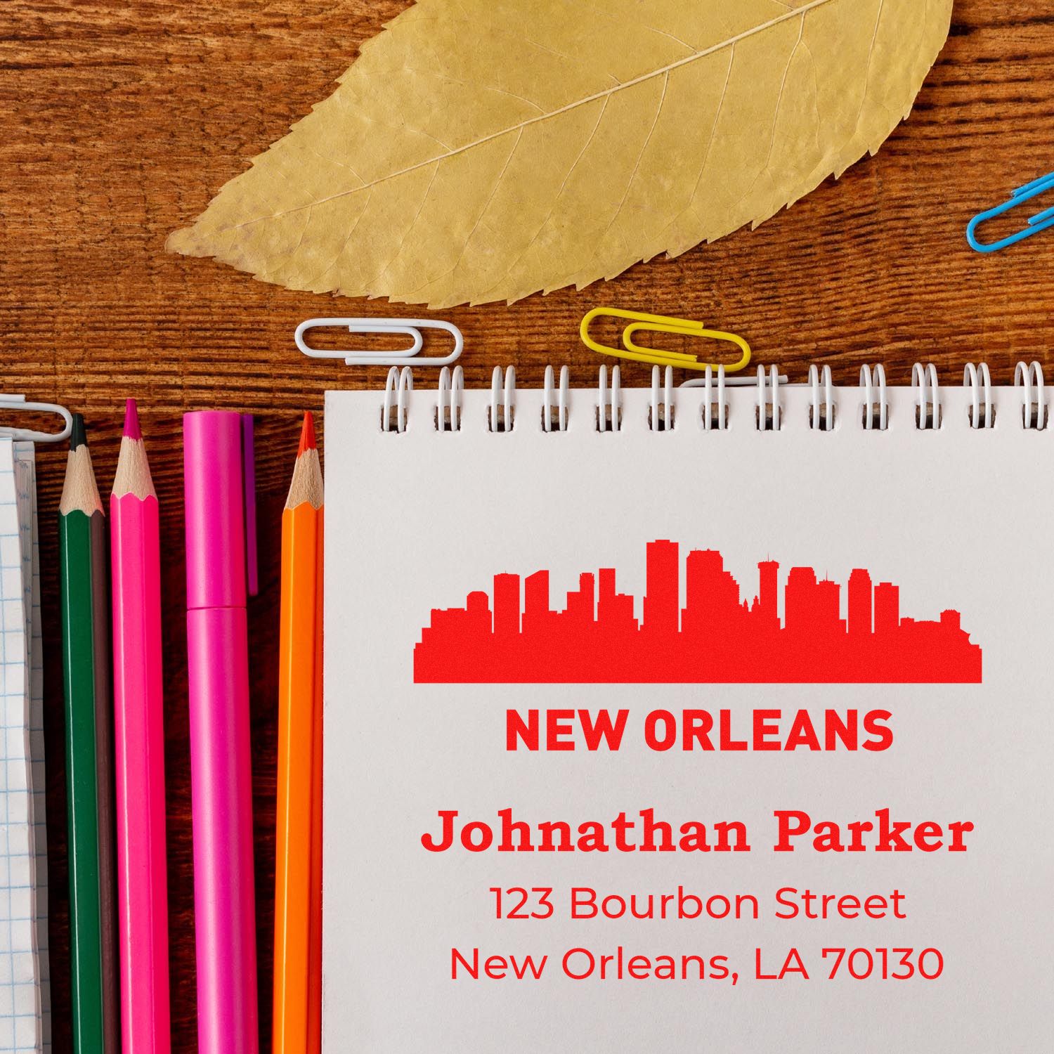 Custom New Orleans return address rubber stamp for Johnathan Parker, 123 Bourbon Street, New Orleans, LA 70130.