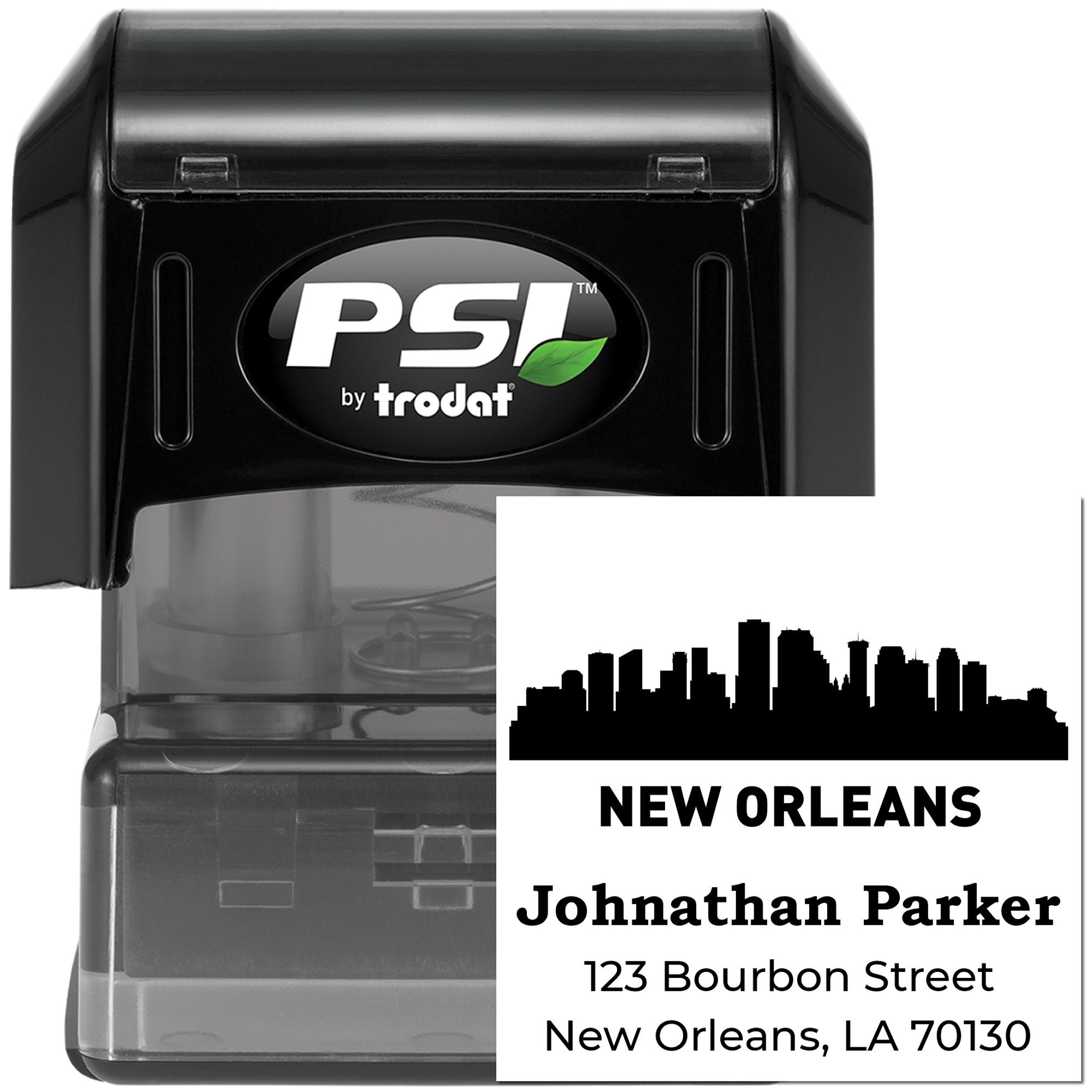 Custom self-inking rubber address stamp with New Orleans skyline, Jonathan Parker return address, and 123 Bourbon Street.