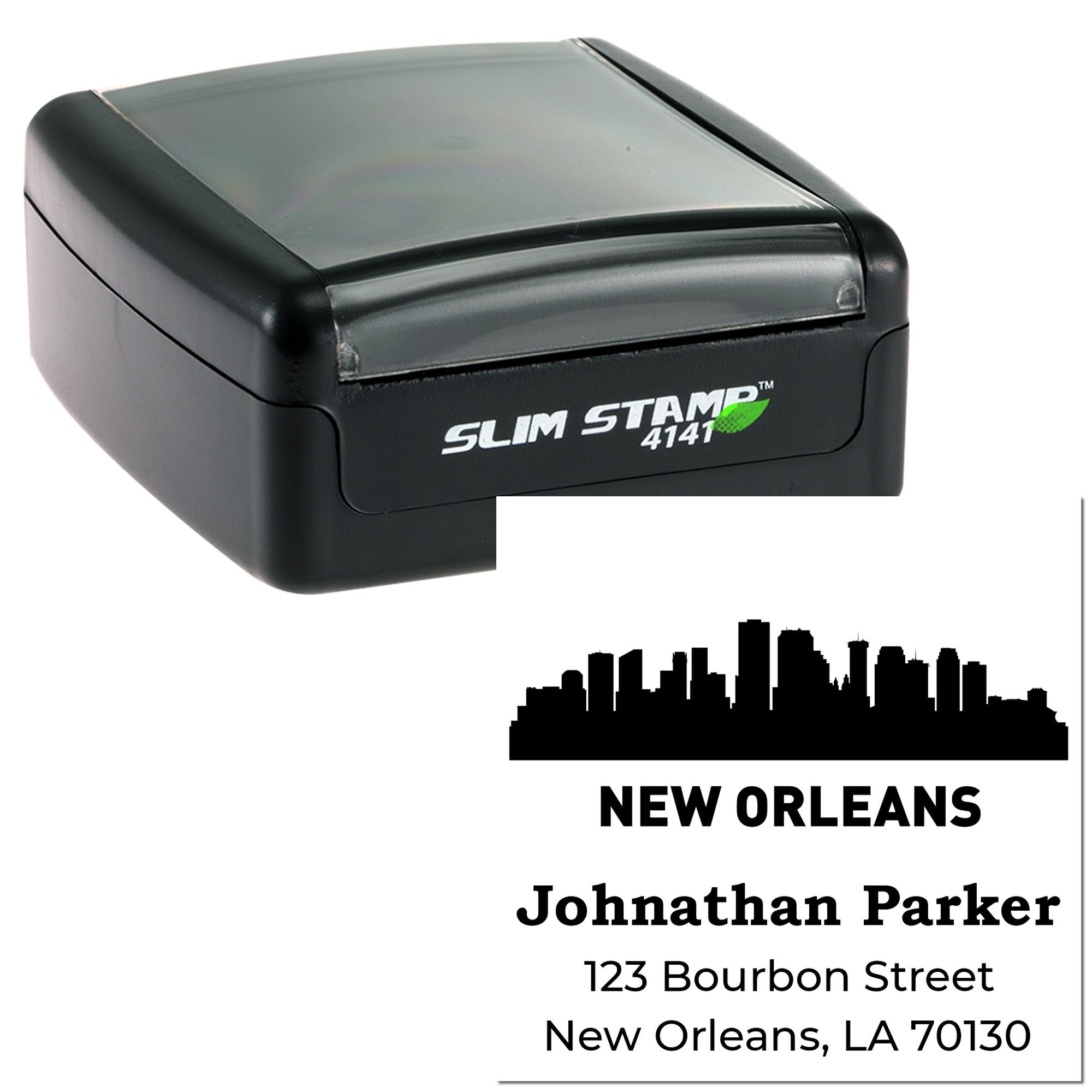 Custom self-inking rubber address stamp with New Orleans skyline and personalized return address for mailings.