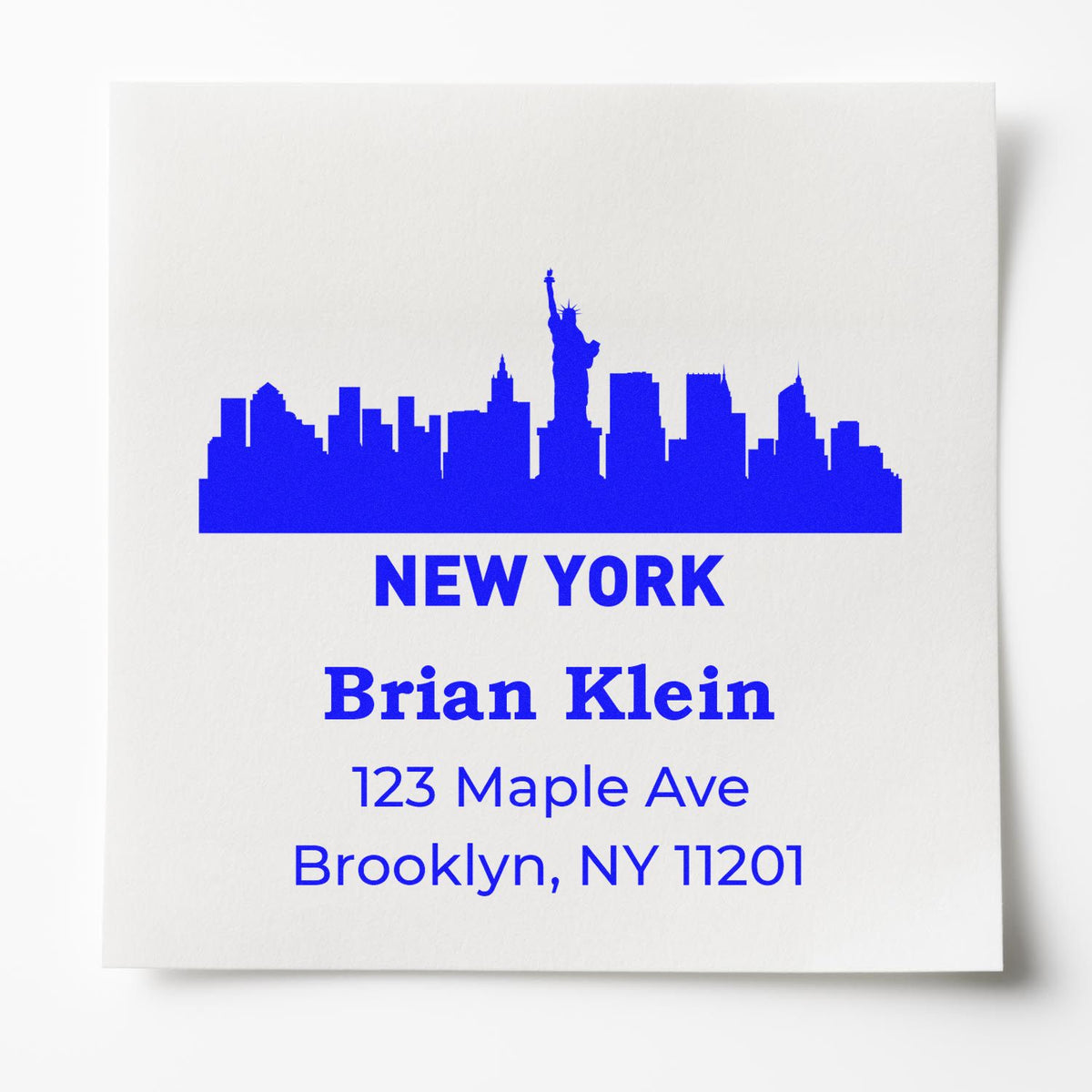 Custom New York address rubber stamp with skyline, Brian Klein name, and Brooklyn, NY 11201 mailing details.