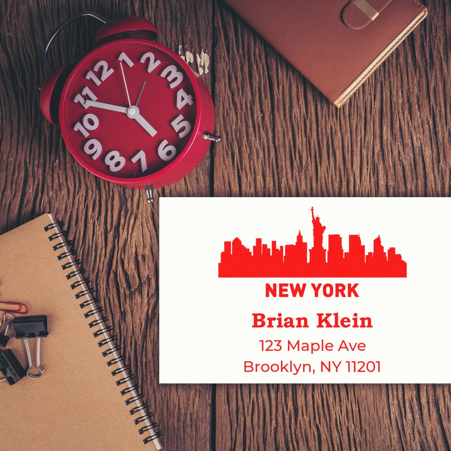 Custom New York address rubber stamp with skyline design for business mail, featuring Brian Klein, Brooklyn, NY 11201.