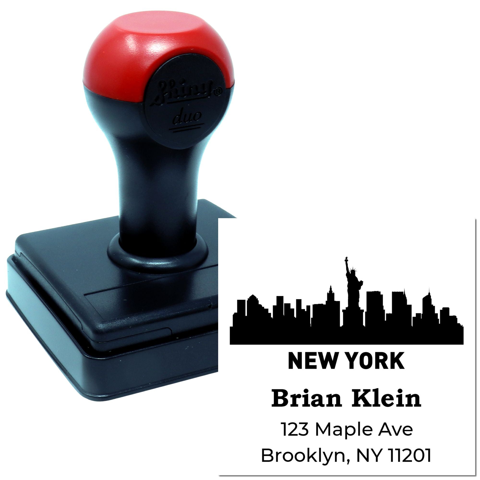 Custom self-inking rubber stamp with New York skyline and return address for mailing labels and business use.
