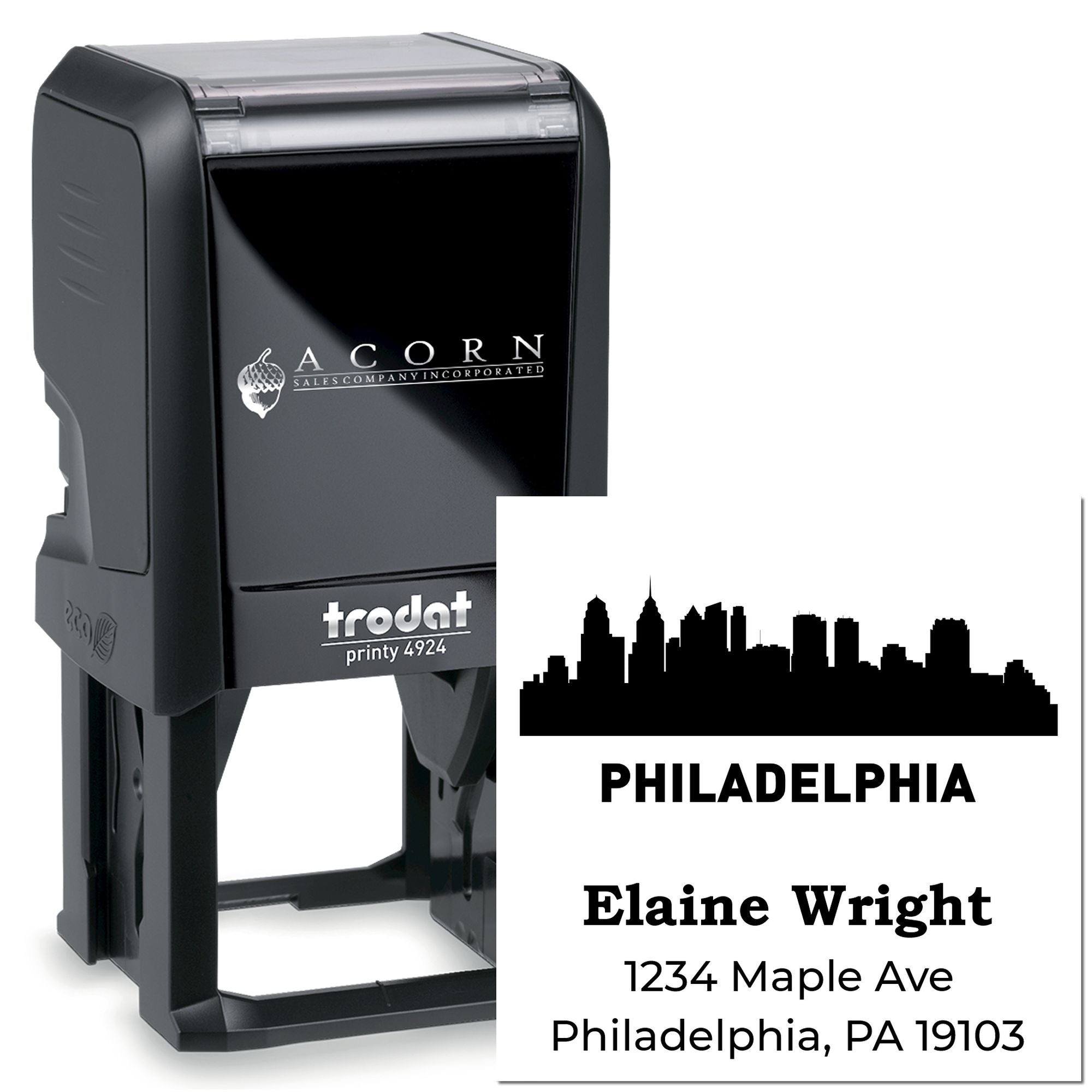 Custom Trodat self-inking rubber stamp with Philadelphia skyline, name, and address for business branding and mailing.