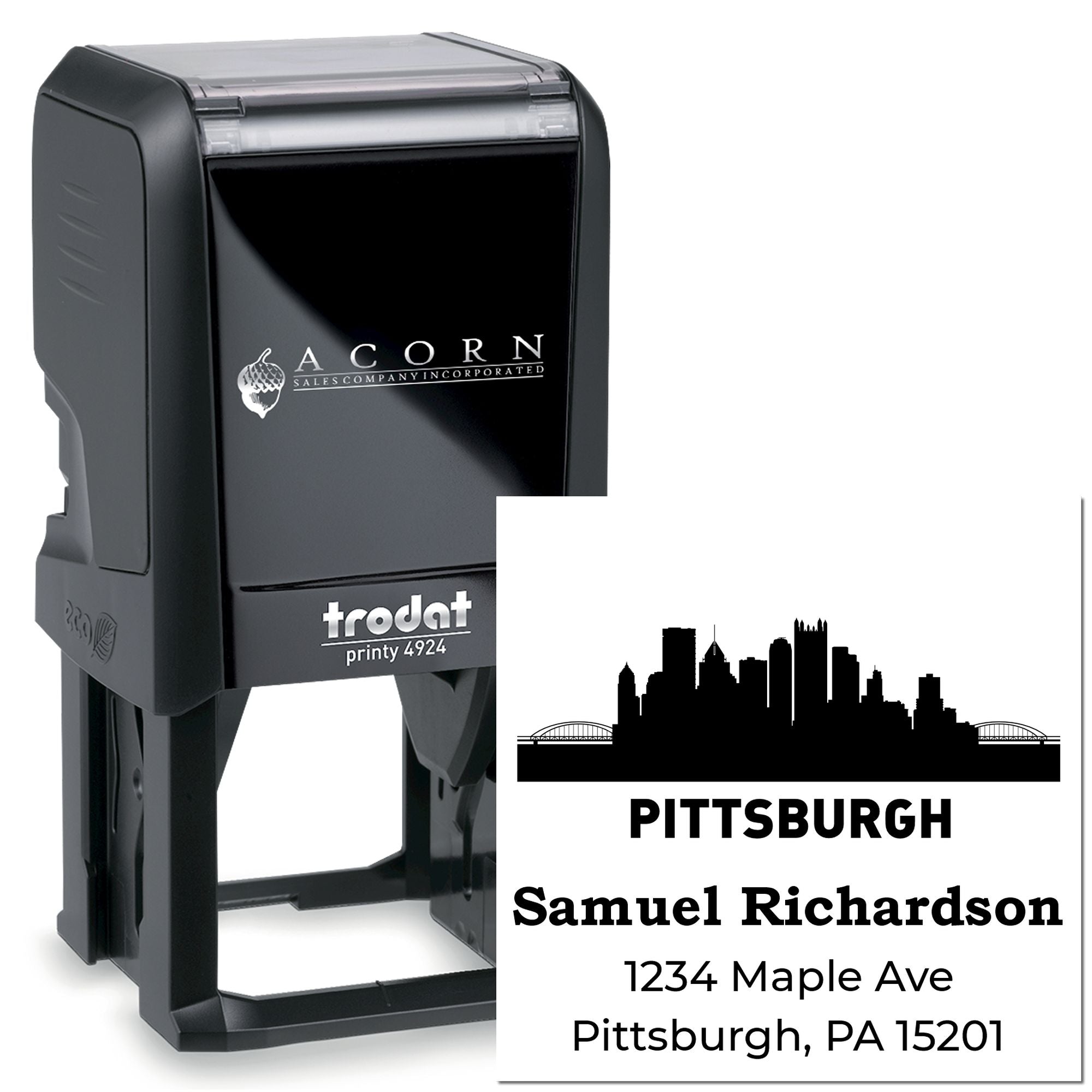 Custom self-inking rubber stamp with Pittsburgh skyline and business address, Trodat Printy 4924 for mailing and branding.