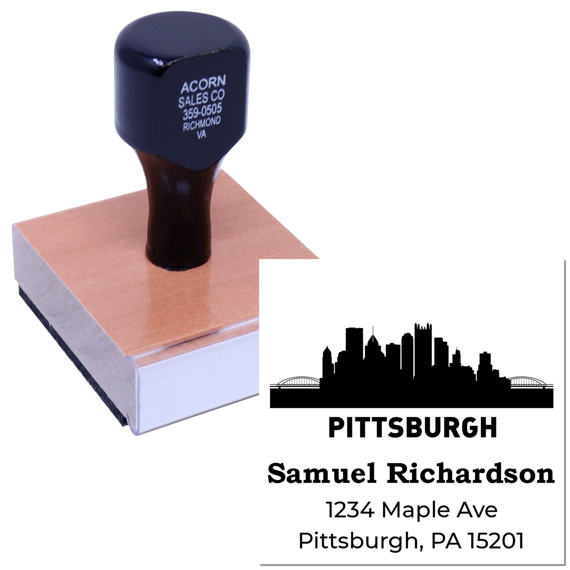 Custom self-inking rubber address stamp with Pittsburgh skyline logo, name and address for business or personal mailing.