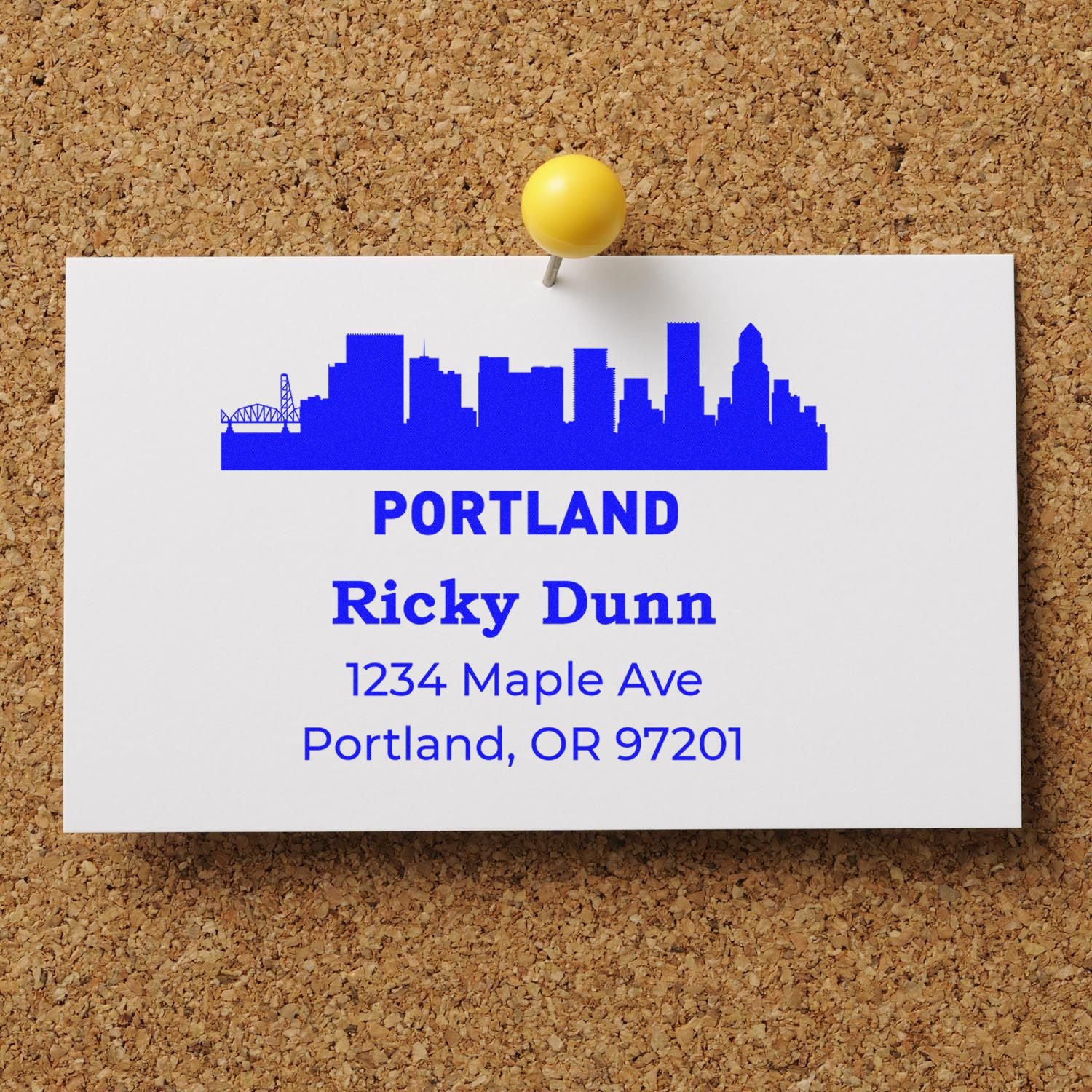 Custom Portland address rubber stamp with skyline design for Ricky Dunn, 1234 Maple Ave, Portland, OR 97201.