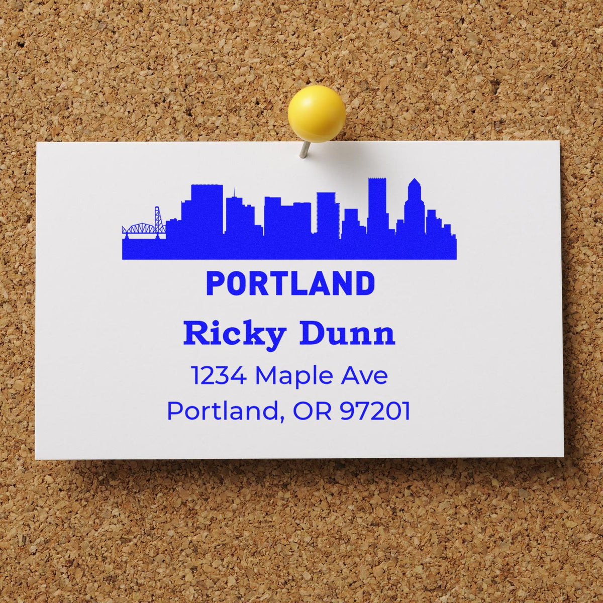 Custom Portland return address rubber stamp with skyline design for personalized mailing labels and envelopes.
