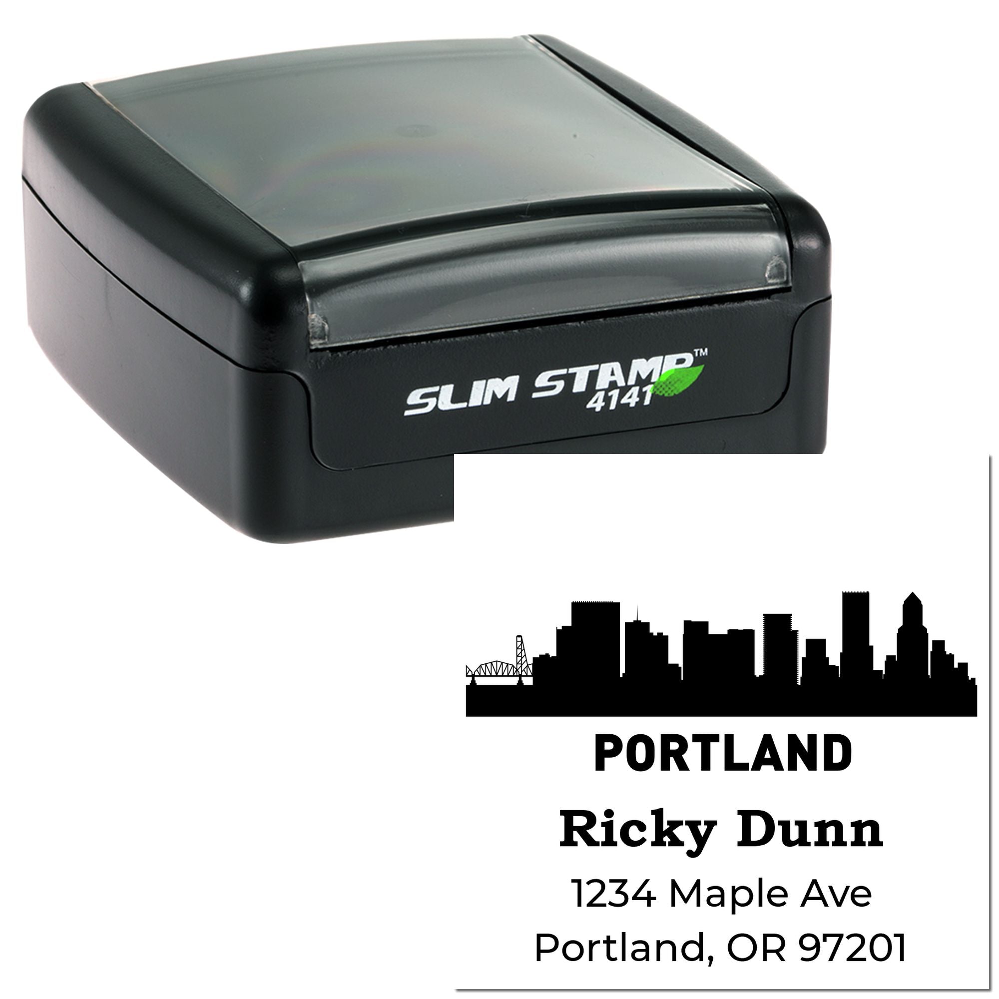 Portland skyline custom self-inking rubber address stamp with name and address imprint for business mail and envelopes.
