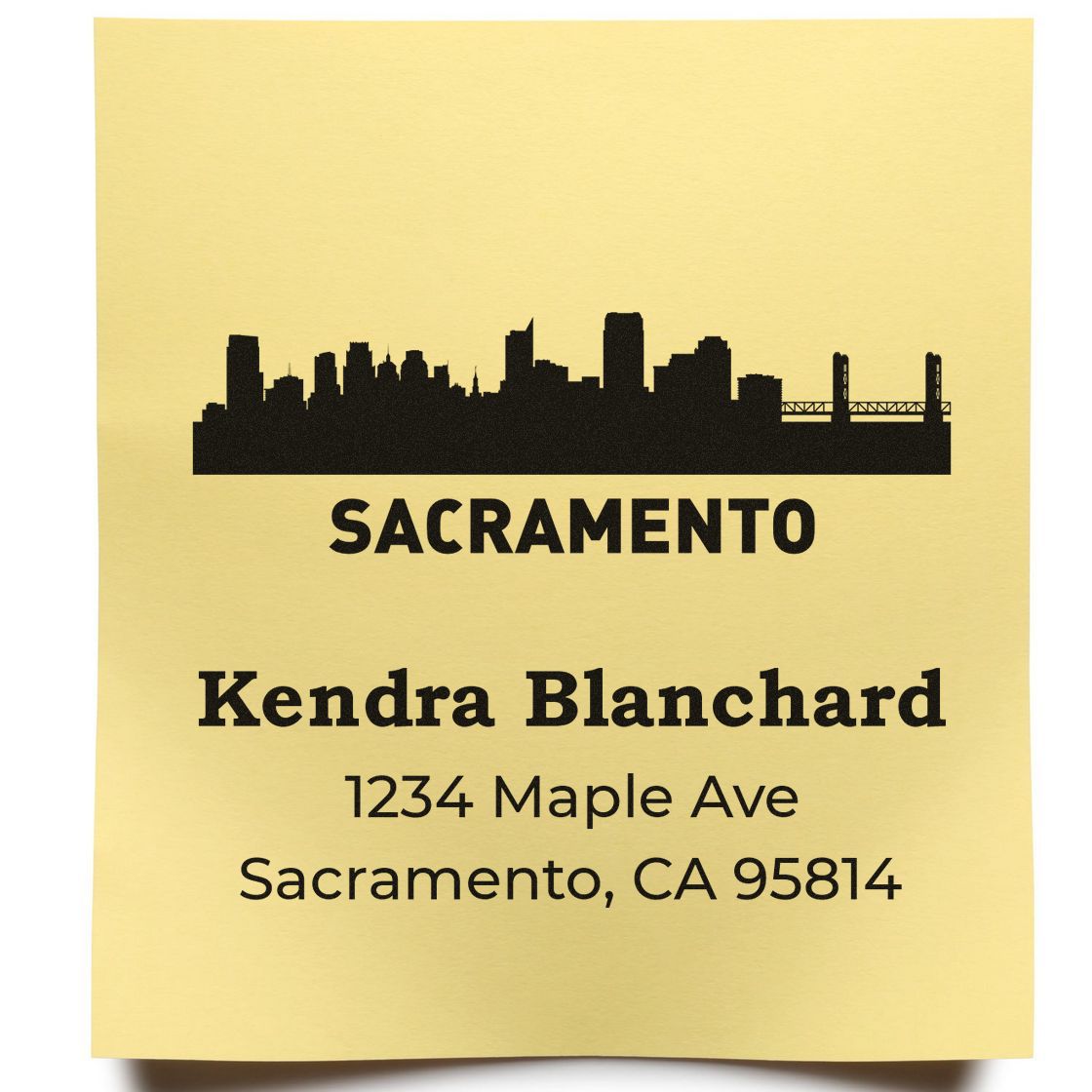 Custom Sacramento return address stamp with skyline, Kendra Blanchard, and mailing address for envelopes.