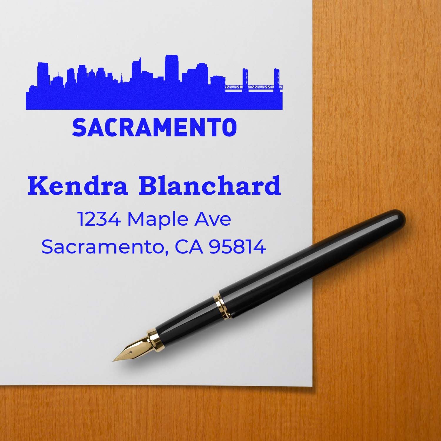 Custom Sacramento return address rubber stamp with skyline design for personalized mail and stationery