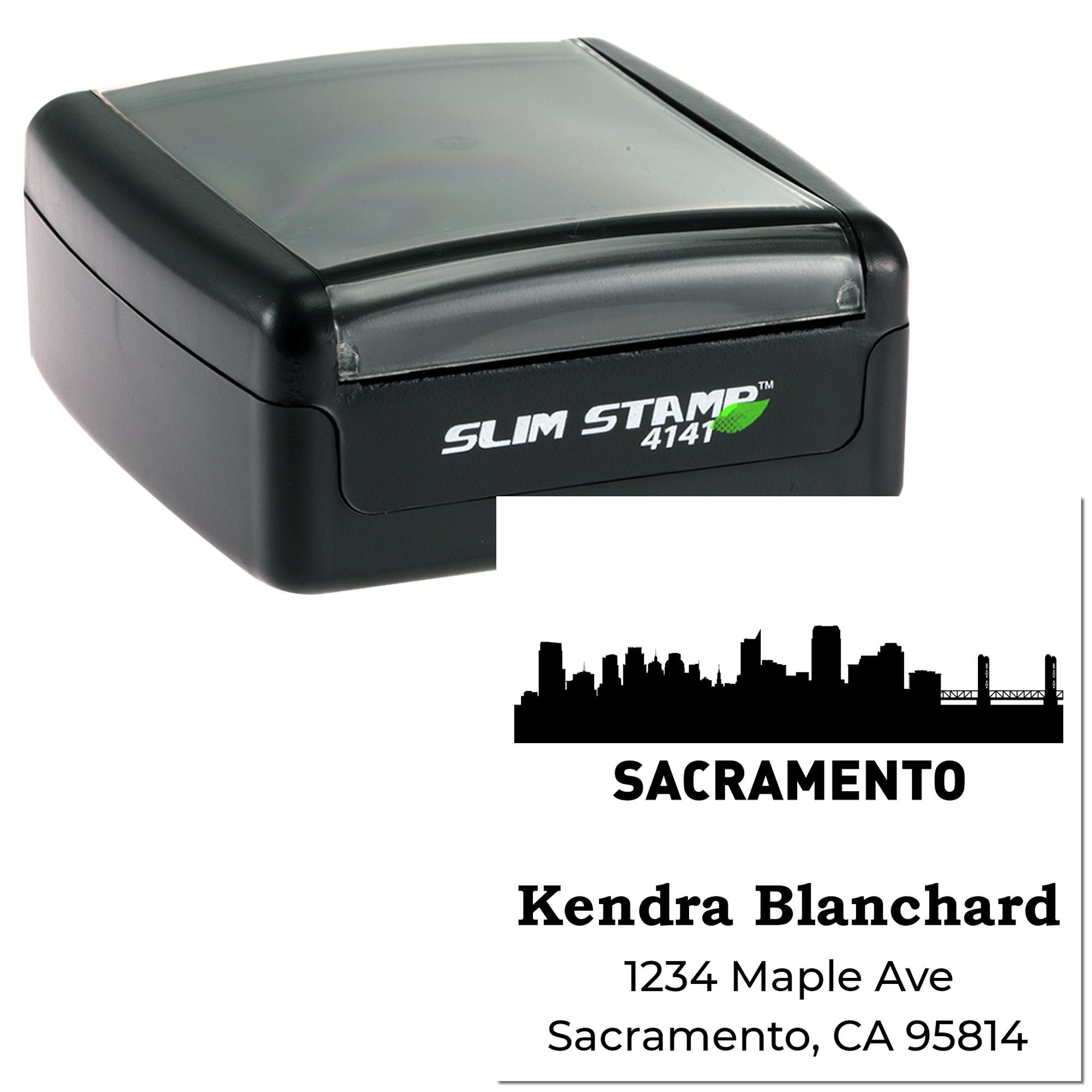 Custom self-inking rubber stamp with Sacramento skyline return address for Kendra Blanchard, 1234 Maple Ave, Sacramento, CA 95814.